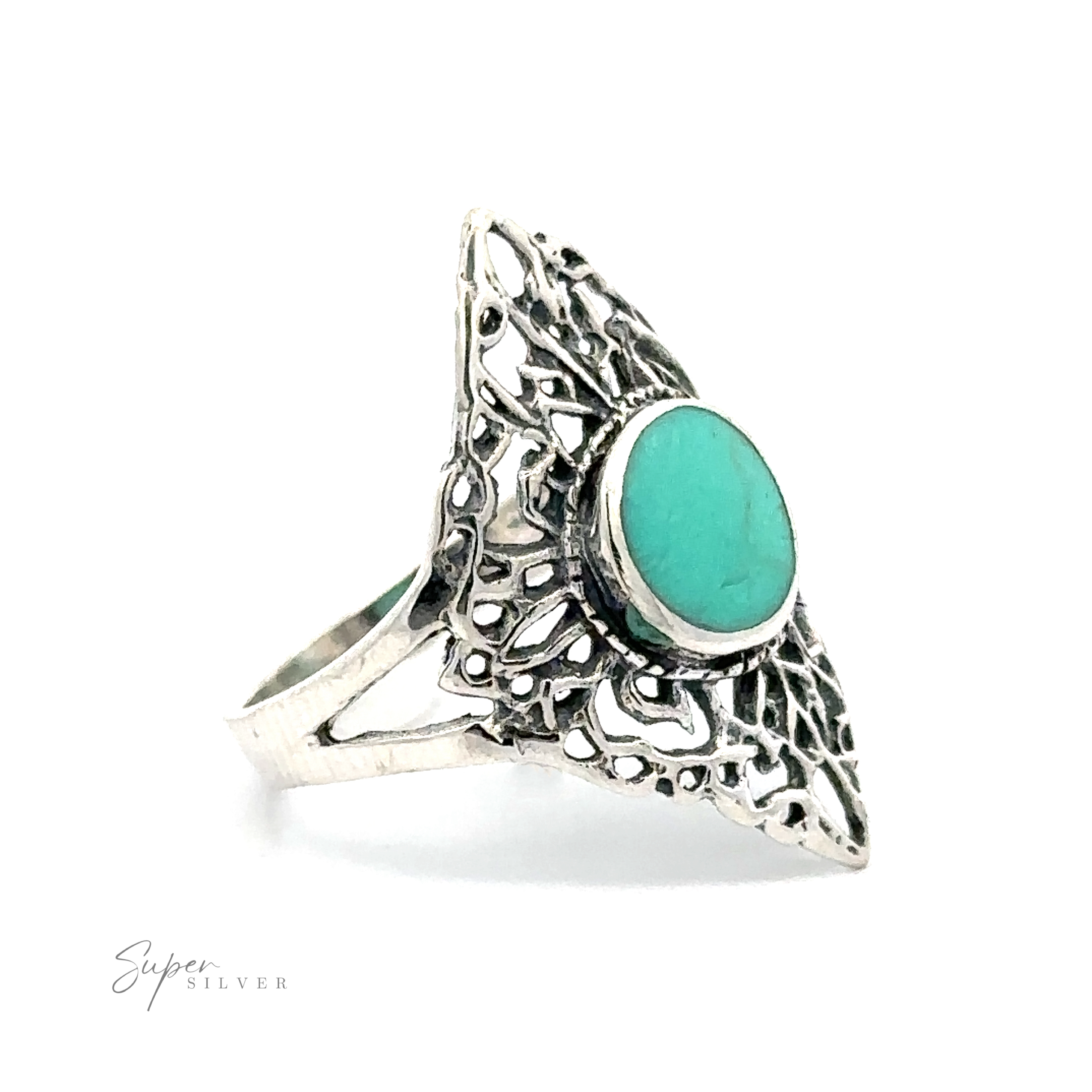 A Diamond Shaped Filigree Ring with a round inlaid stone.