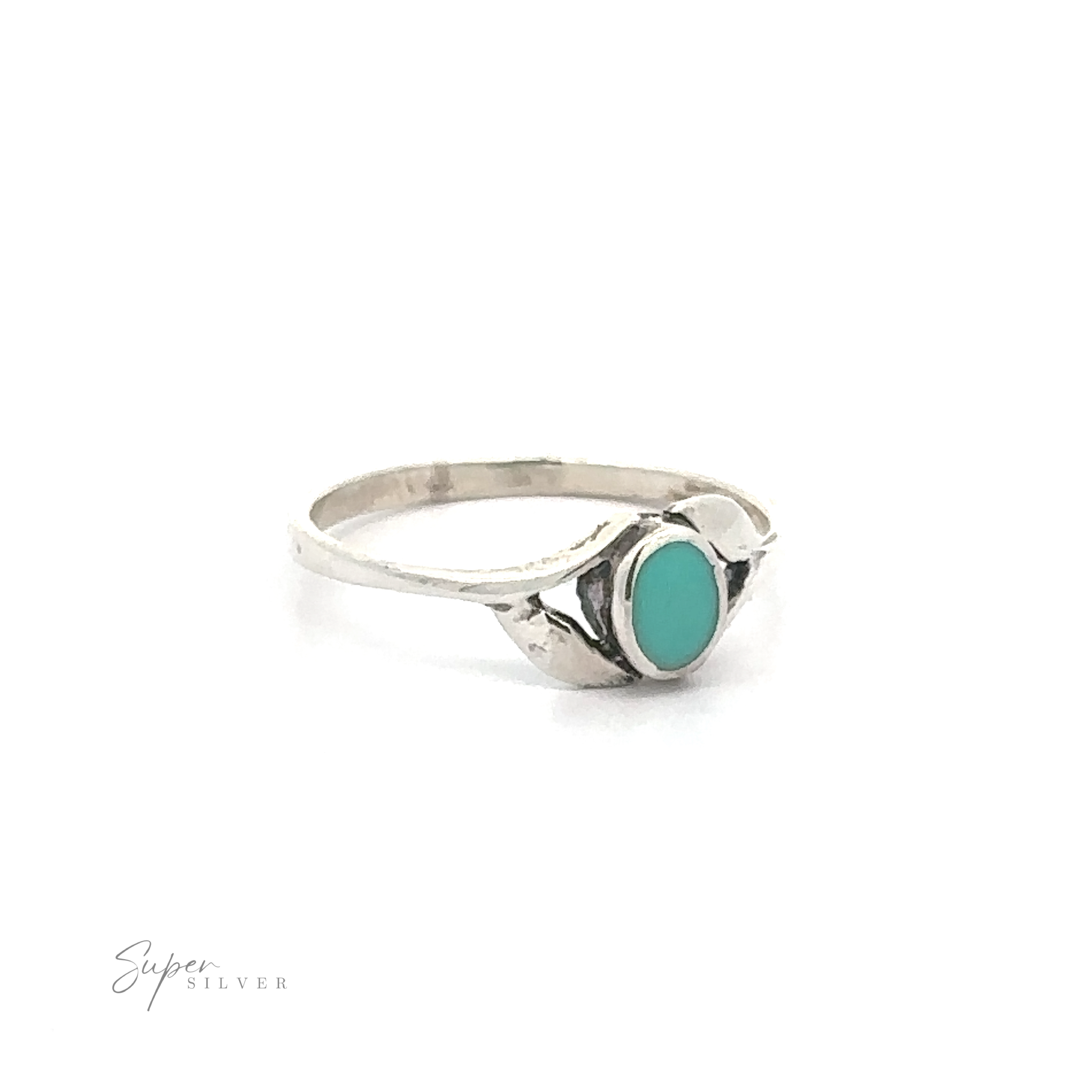 Dainty Oval Stone Ring with Leaf Accents with a single mother of pearl stone set in a plain bezel, isolated on a white background.