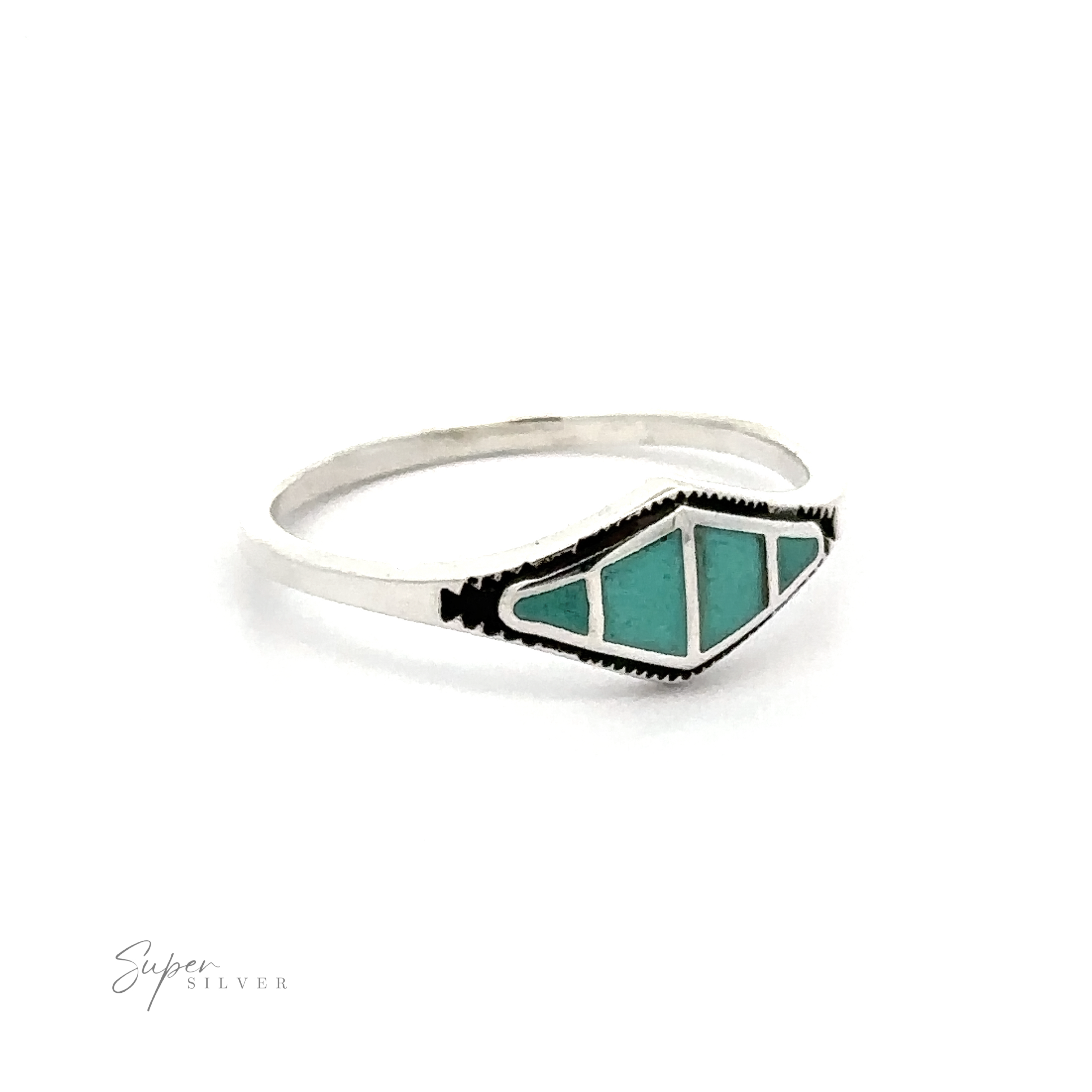 A diamond shape sectioned stone ring with a sterling silver band, perfect for beach life and contemporary trends.
