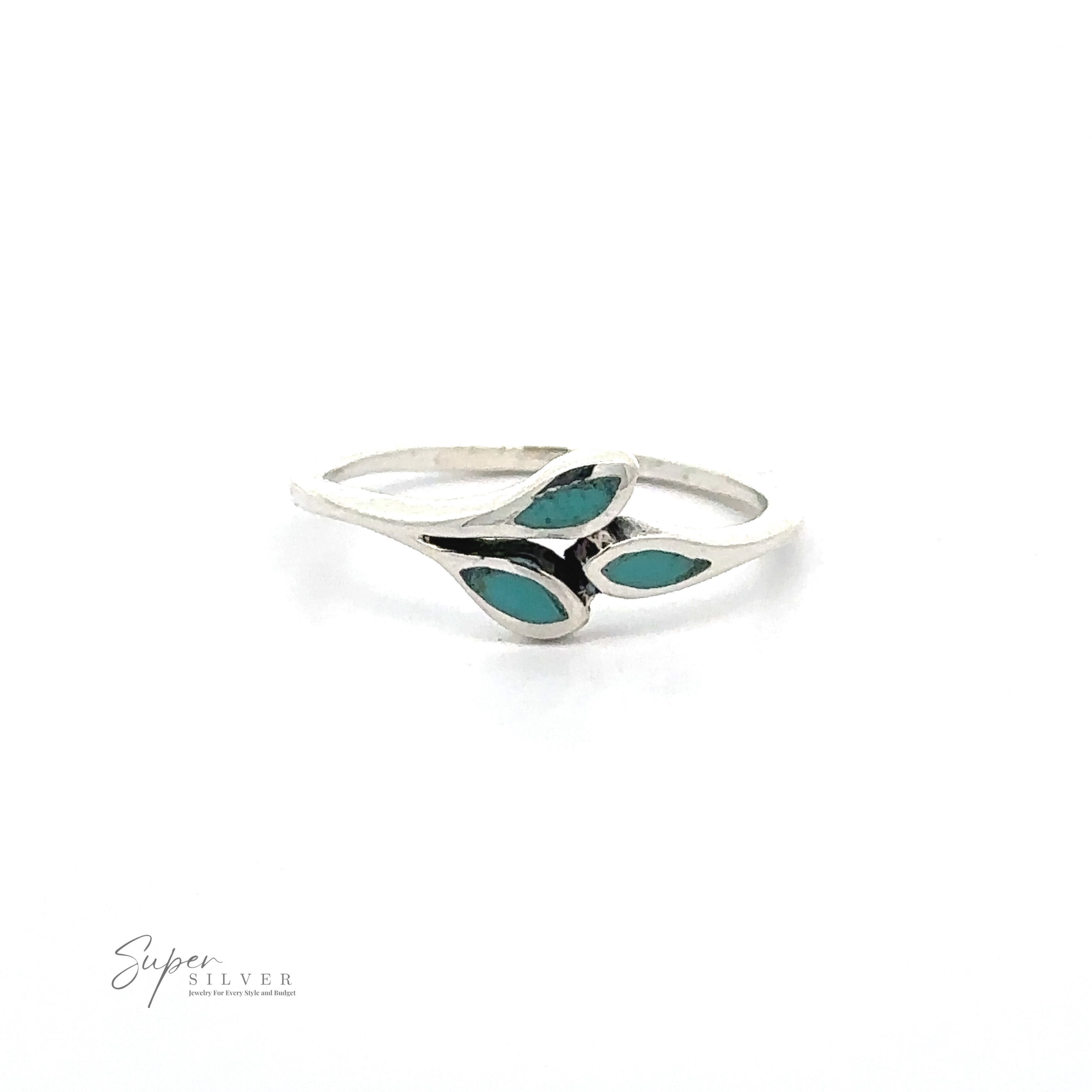 A sterling silver ring featuring three small green-blue teardrop-shaped stones arranged in a Tiny Leaves Ring with Inlaid Stones design. Text reads, "Super Silver.