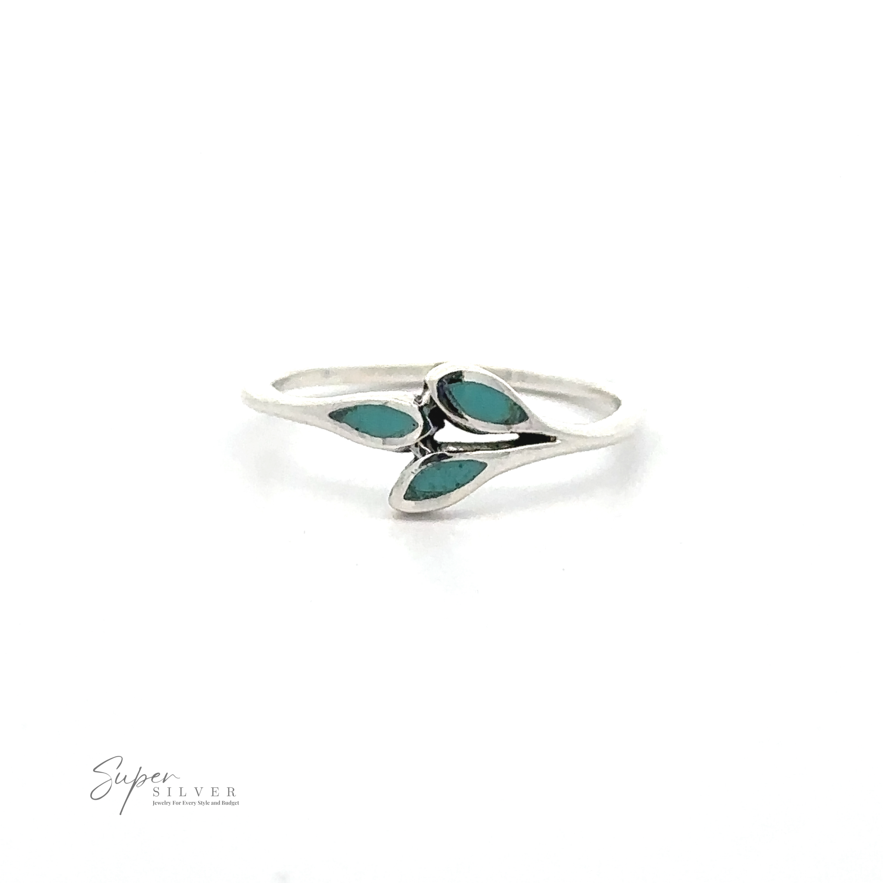 A Tiny Leaves Ring with Inlaid Stones crafted from sterling silver, featuring three green leaf-shaped inlays arranged in a triangular pattern. Text on the lower left corner reads "Super Silver.