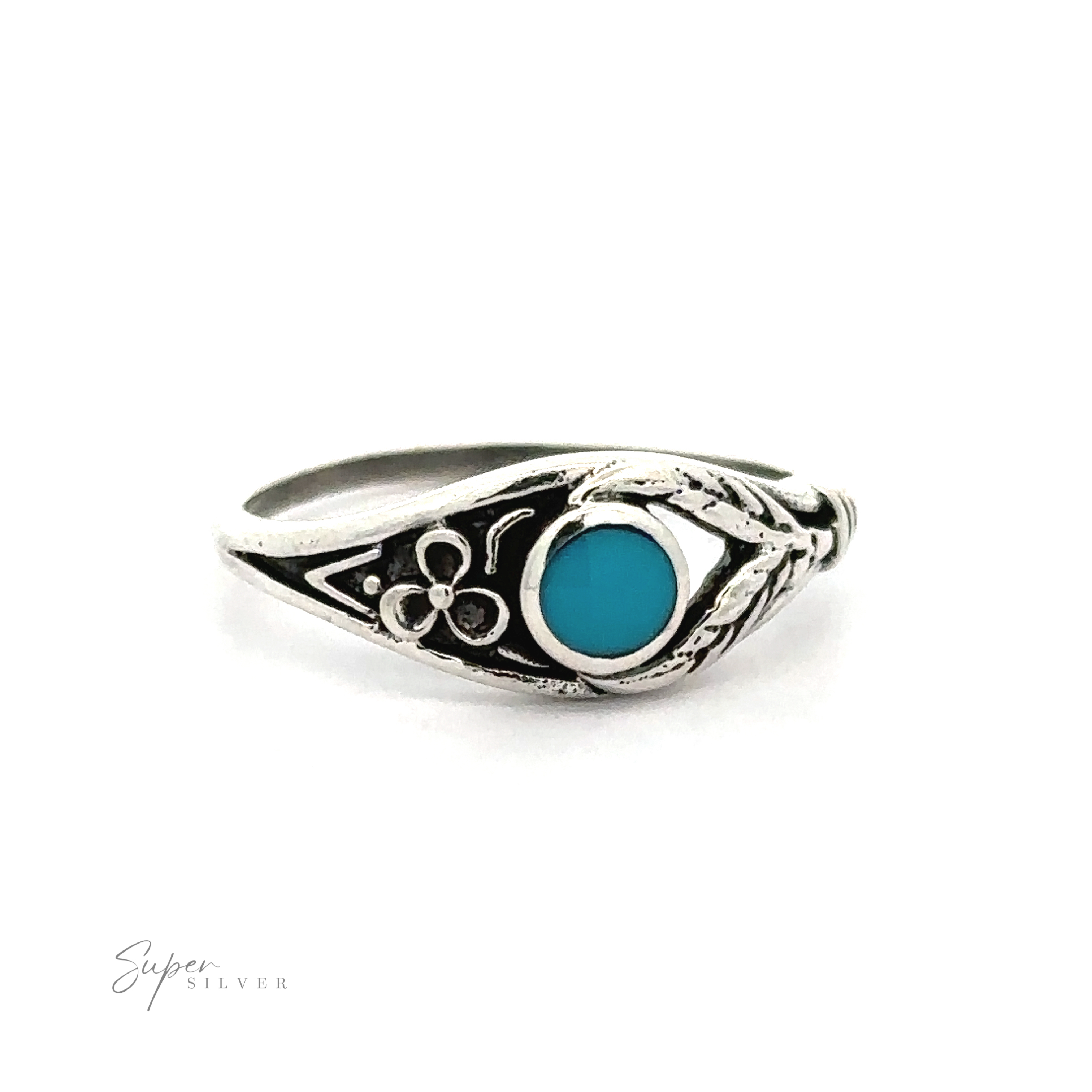 A sterling silver Inlay Stone Ring with Flower and Leaf Design.