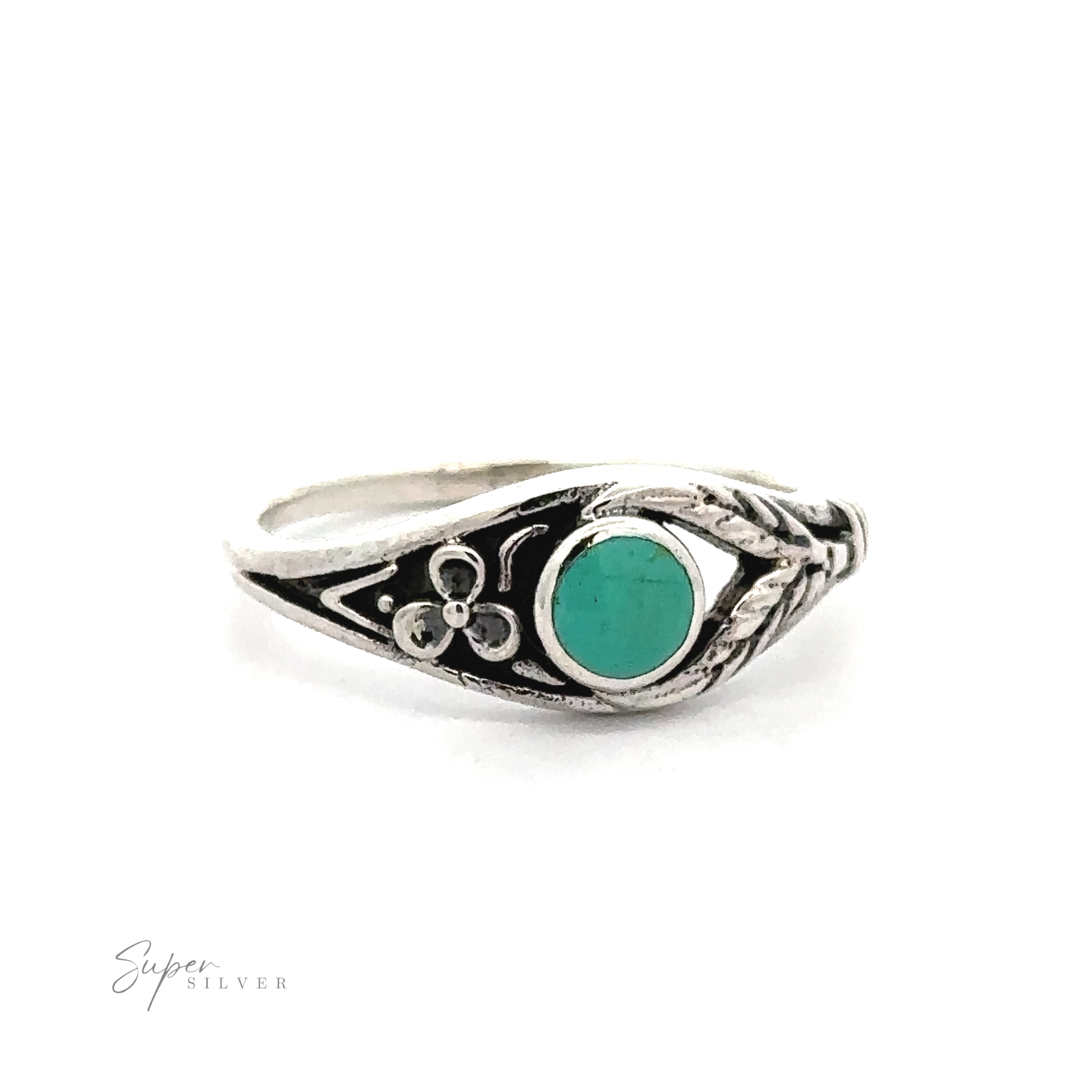 A sterling silver Inlay Stone Ring with Flower and Leaf Design.