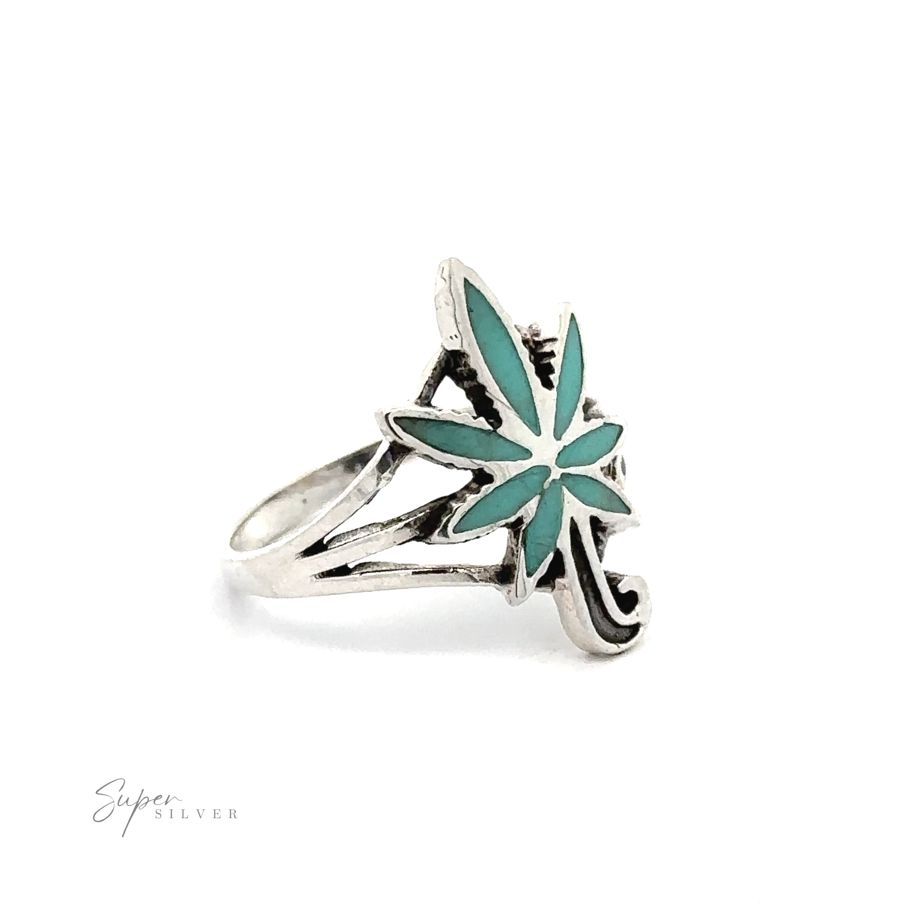 A Inlay Stone Marijuana Leaf Ring with a marijuana leaf design.