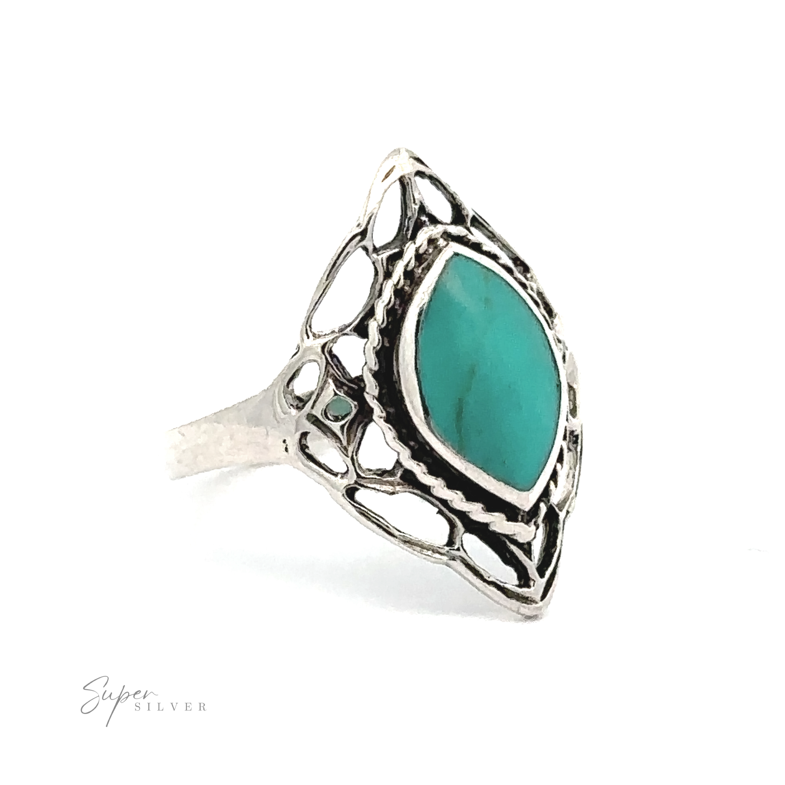 A Delicate Marquise Shield Ring with inlaid turquoise stones.