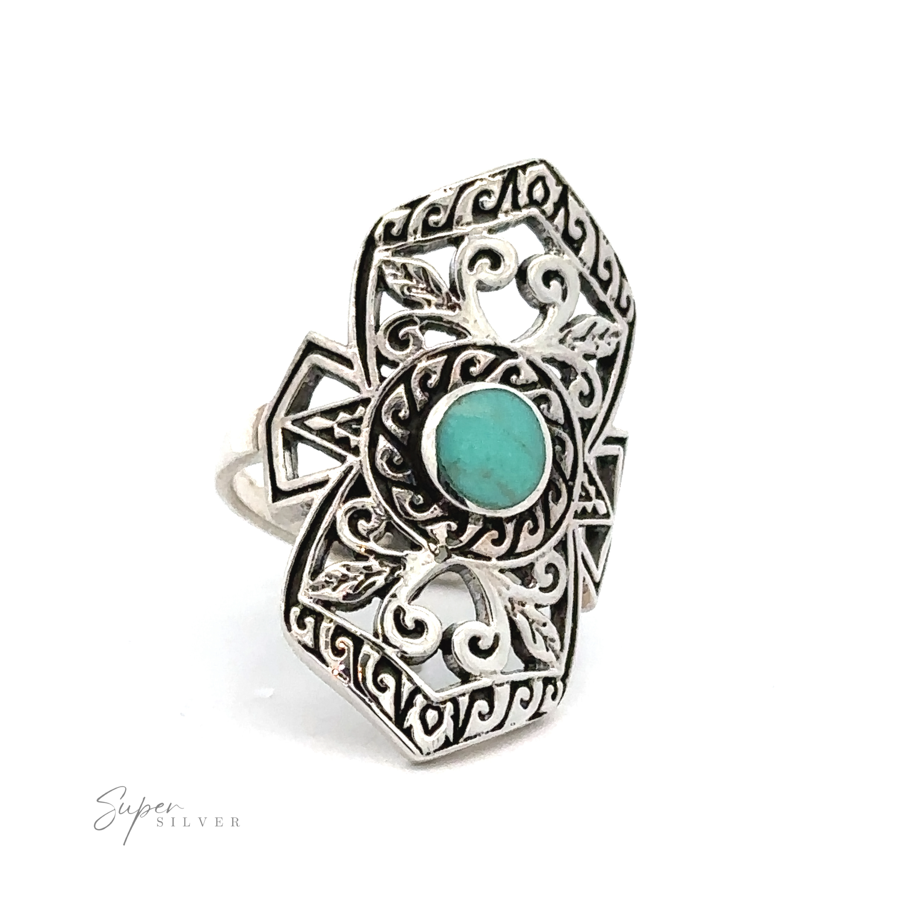 A Elaborate Filigree Shield Ring with Stone with a turquoise stone accent.
