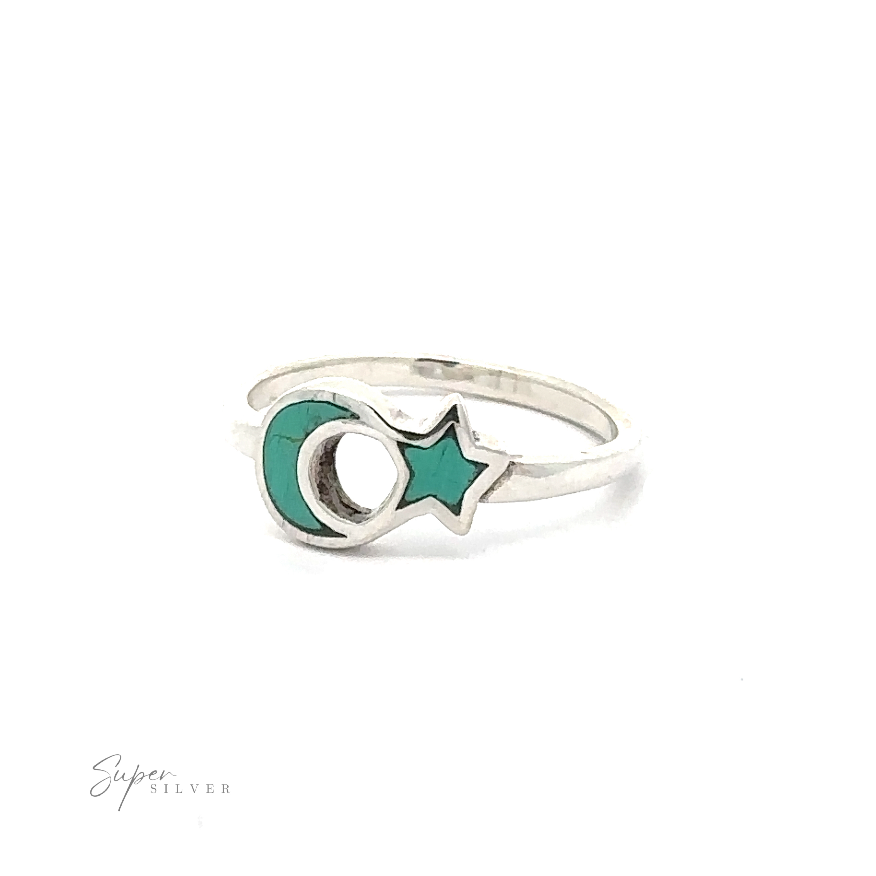 A Crescent Moon And Star Ring with inlaid stones featuring green enamel.