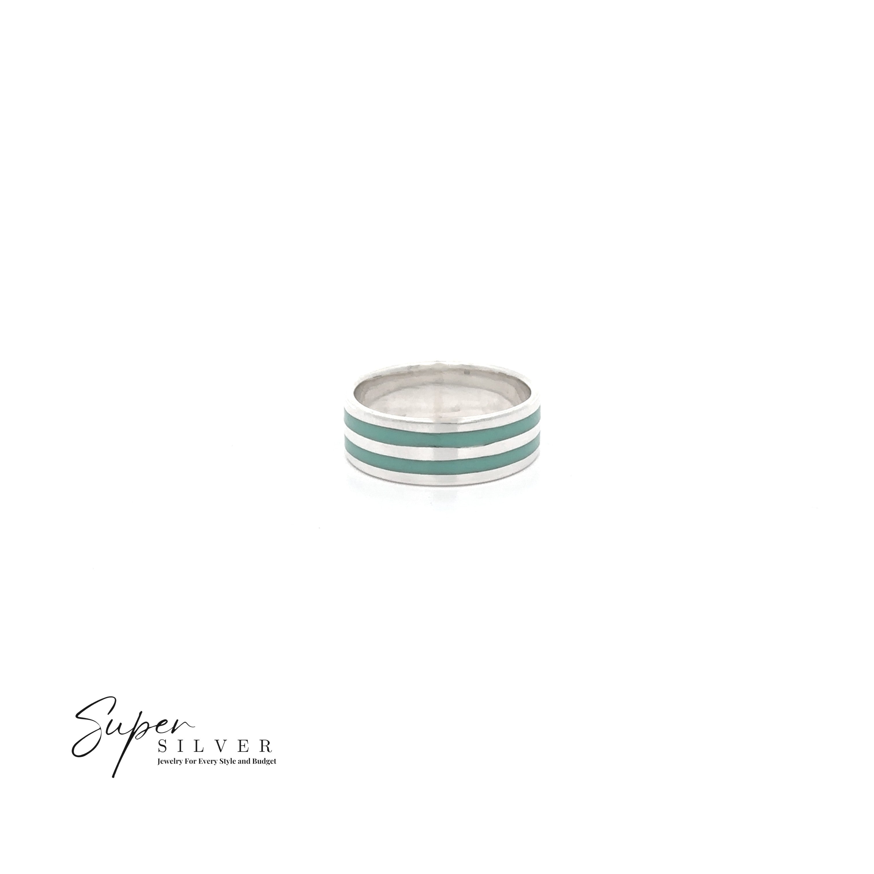 The Double Stripe Inlay Band, a sterling silver ring with two parallel turquoise enamel bands, is shown on a white background with the "Super Silver" logo in the bottom left corner.