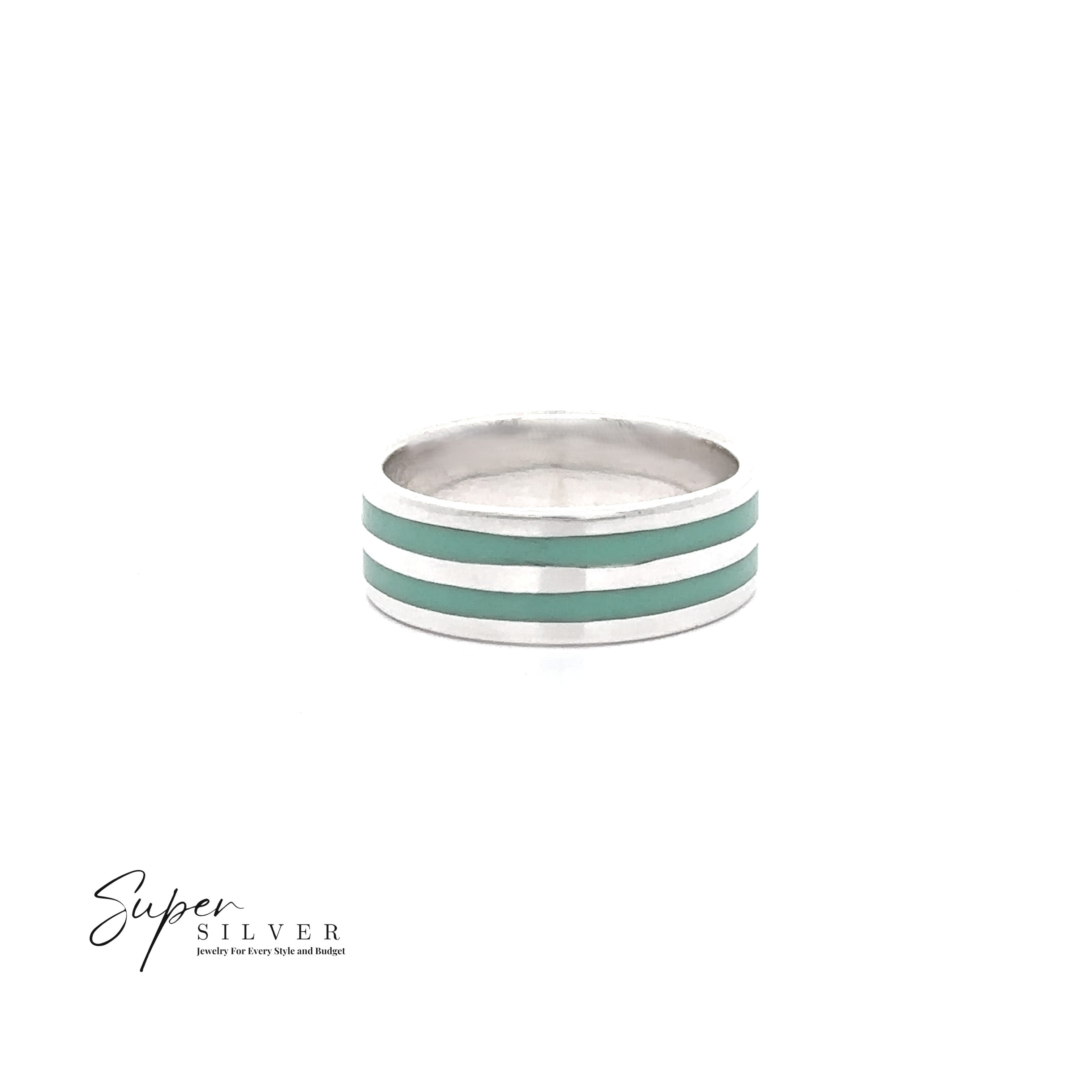 The Double Stripe Inlay Band is a sterling silver ring with two parallel turquoise enamel stripes. The background is white, featuring the “Super Silver” logo in the bottom left corner.