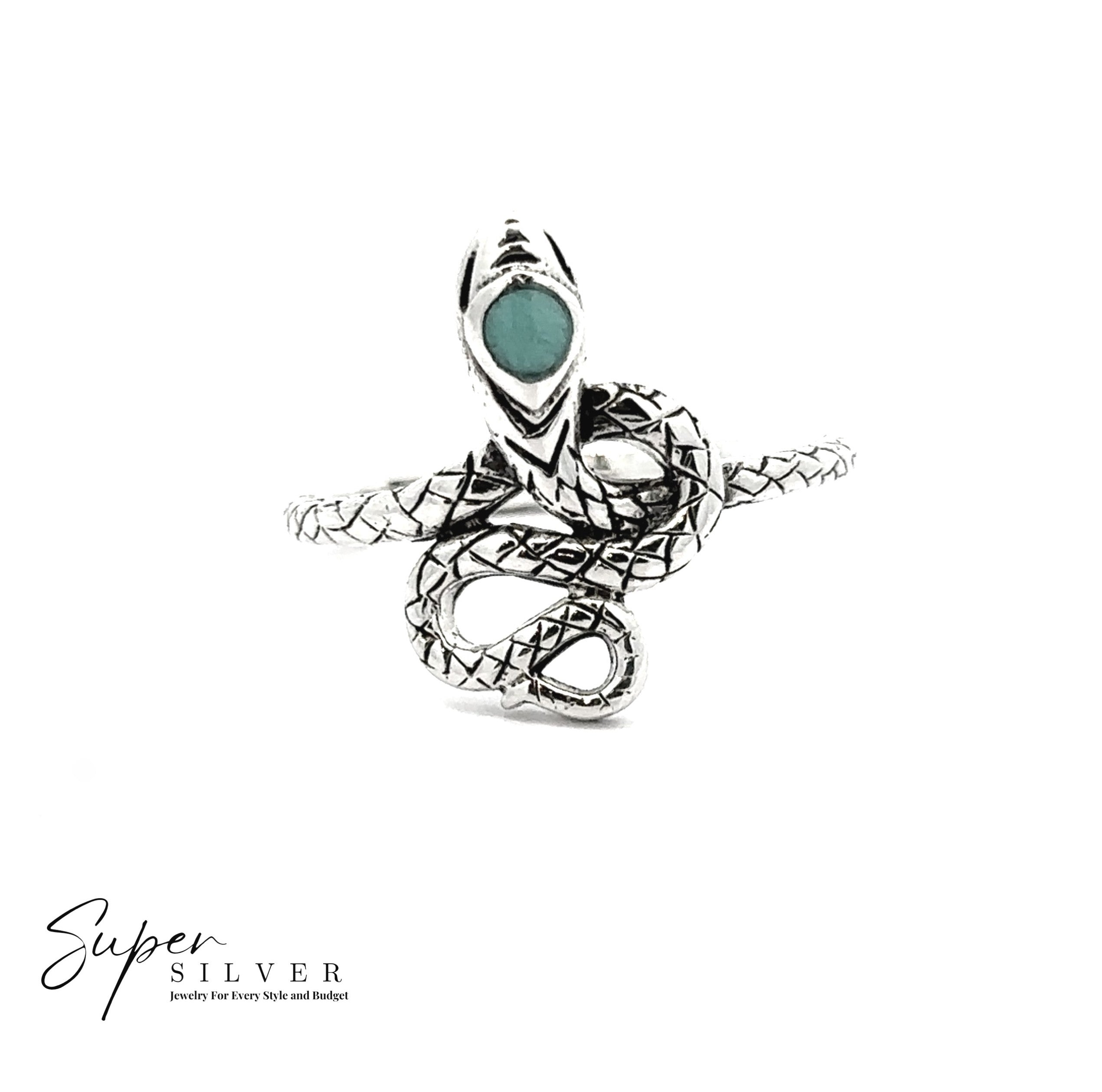 The Coiled Snake Ring with Inlaid Stone symbolizes transformation, featuring a turquoise stone on the head. Shown on a white background, the "Super Silver" logo appears in the lower left corner.
