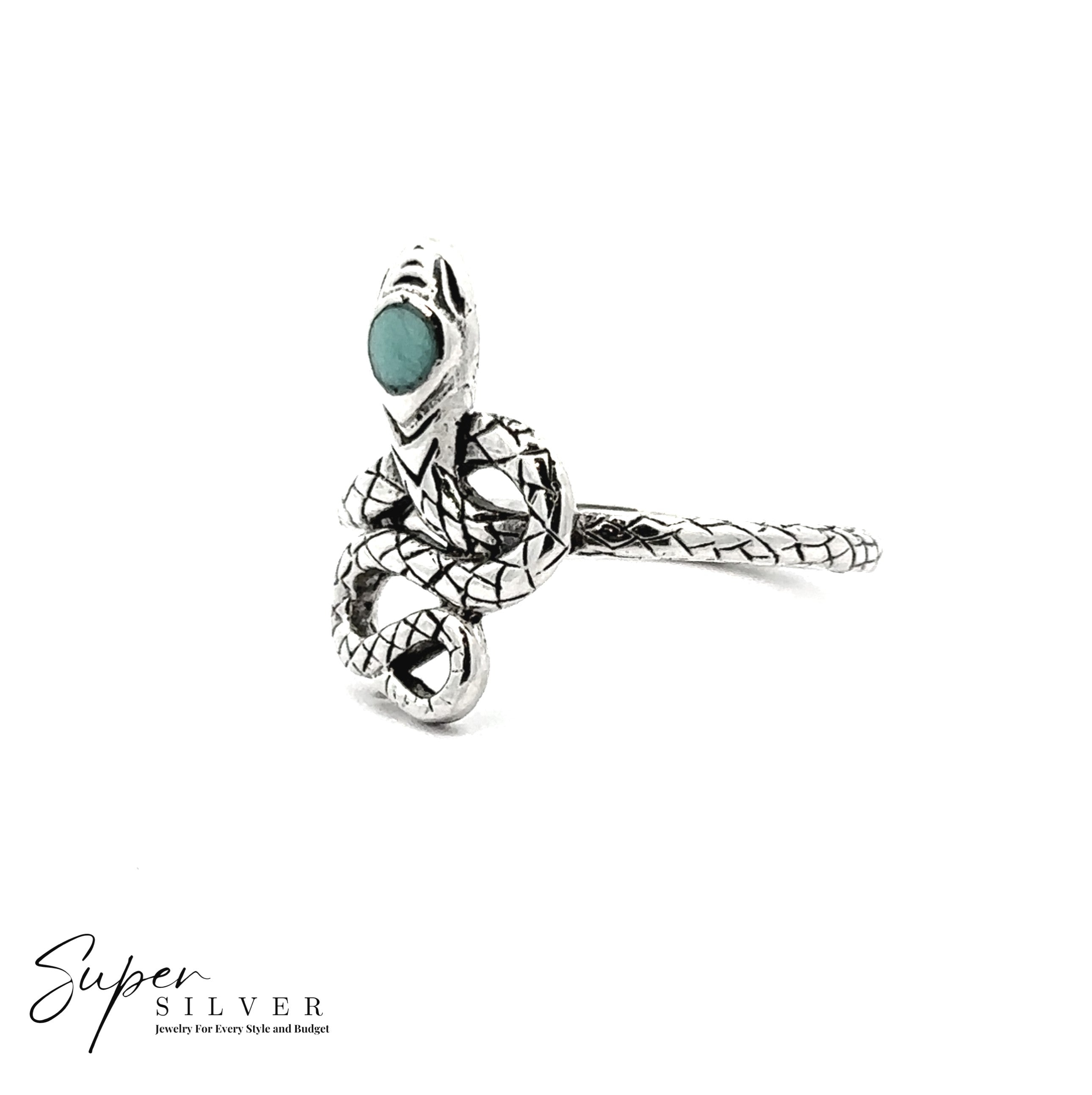 The Coiled Snake Ring with Inlaid Stone features engraved sterling silver scales and a turquoise stone in the snake's head. The "Super Silver" logo in the bottom left symbolizes transformation jewelry.