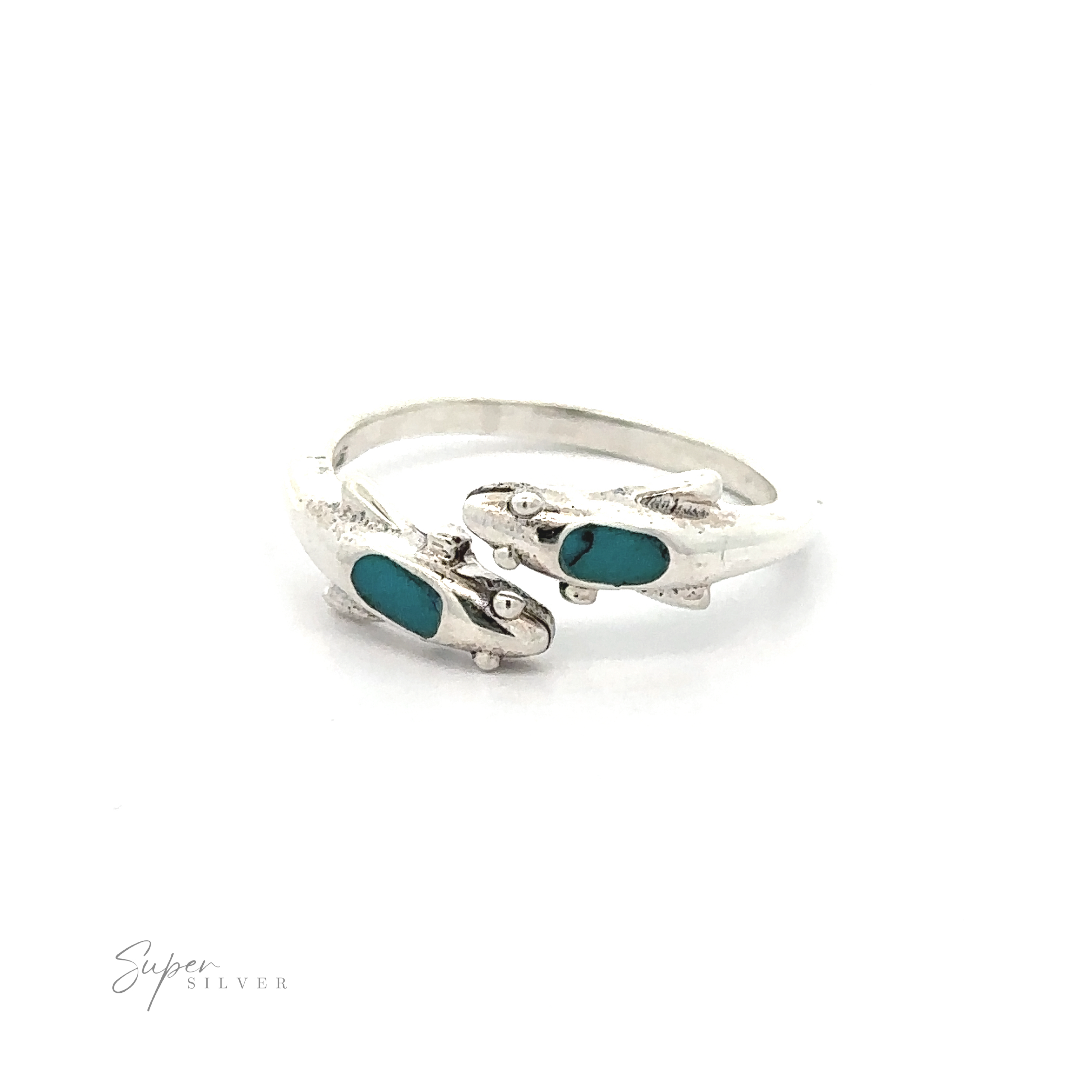 A Dainty Inlaid Dolphin Ring featuring a split band design with two small turquoise stones set within leaf-shaped accents, isolated on a white background.