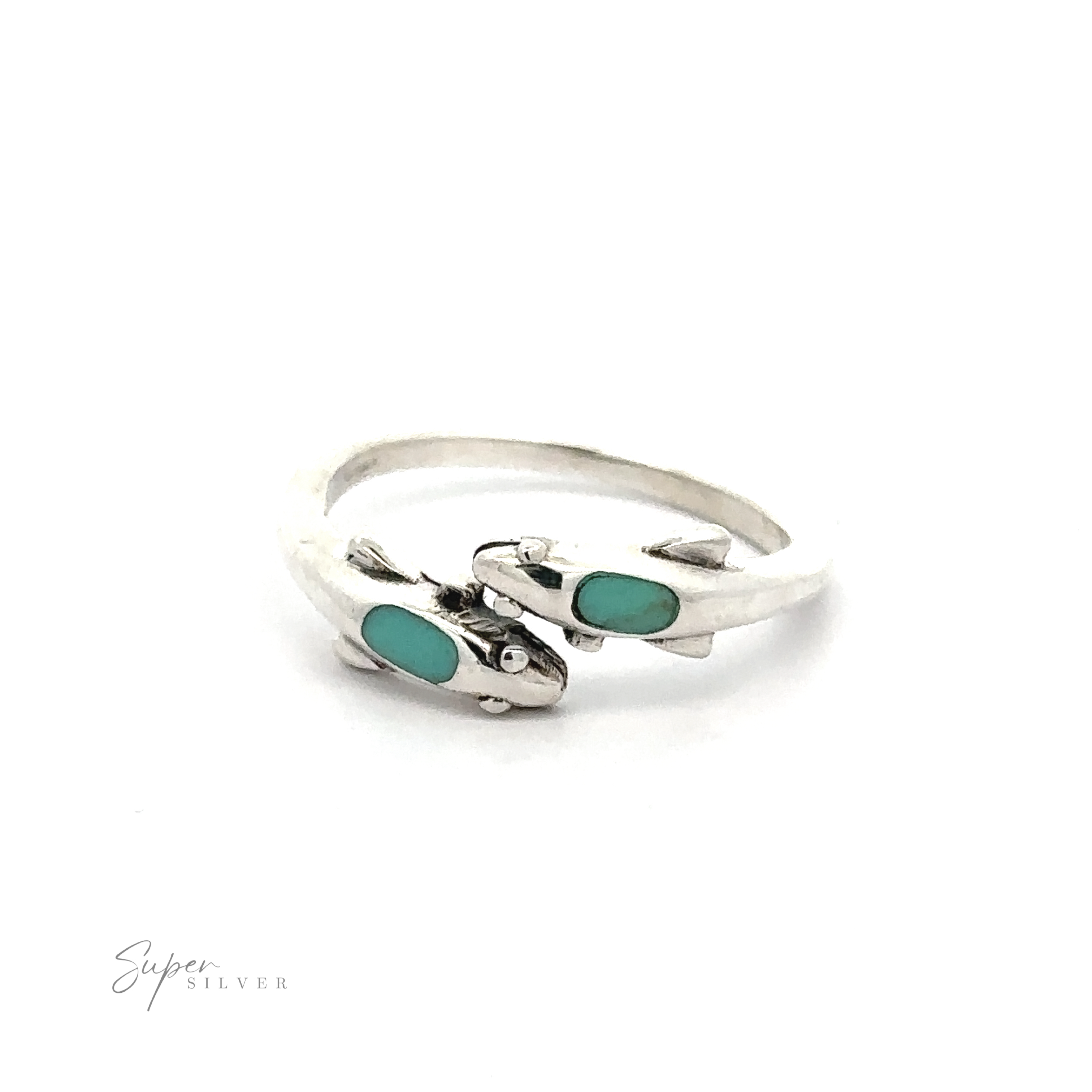 Dainty Inlaid Dolphin Ring with two dolphin-shaped ends holding turquoise stones, displayed against a white background.