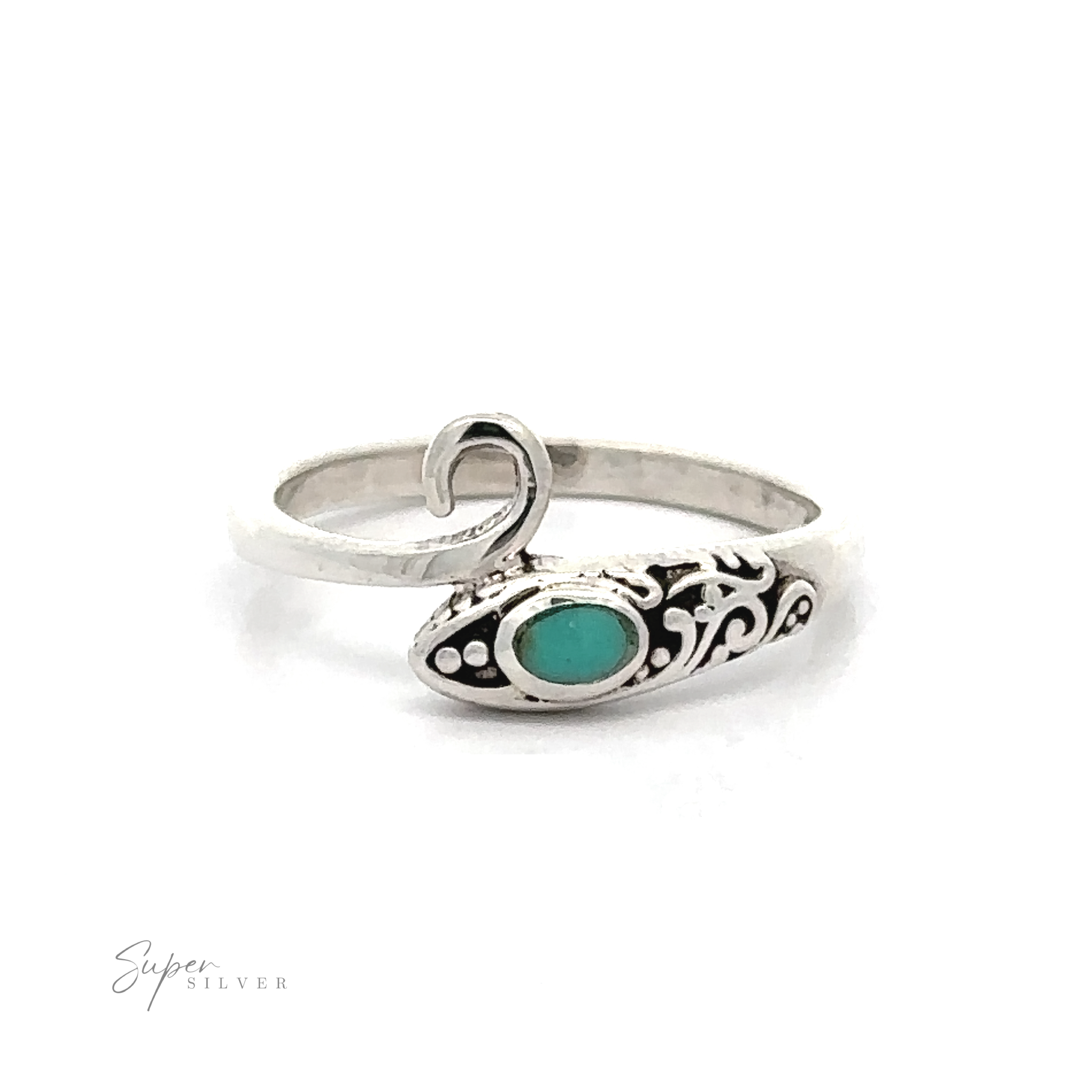 A sterling silver ring with a green stone.
Inlay Stone Snake Ring With Filigree Design.