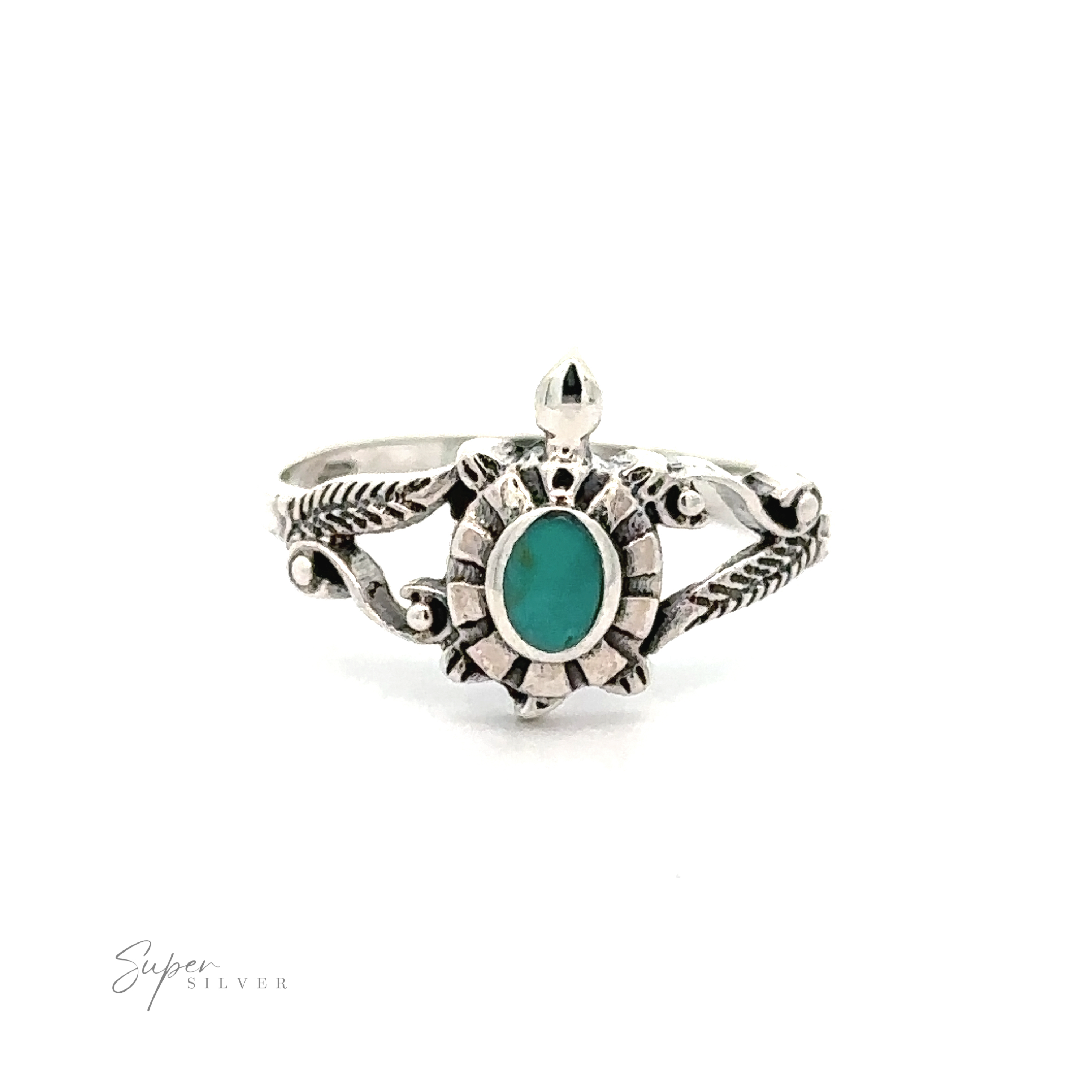A Inlay Stone Turtle Ring with Leaf Detailing with a turquoise stone inlaid.