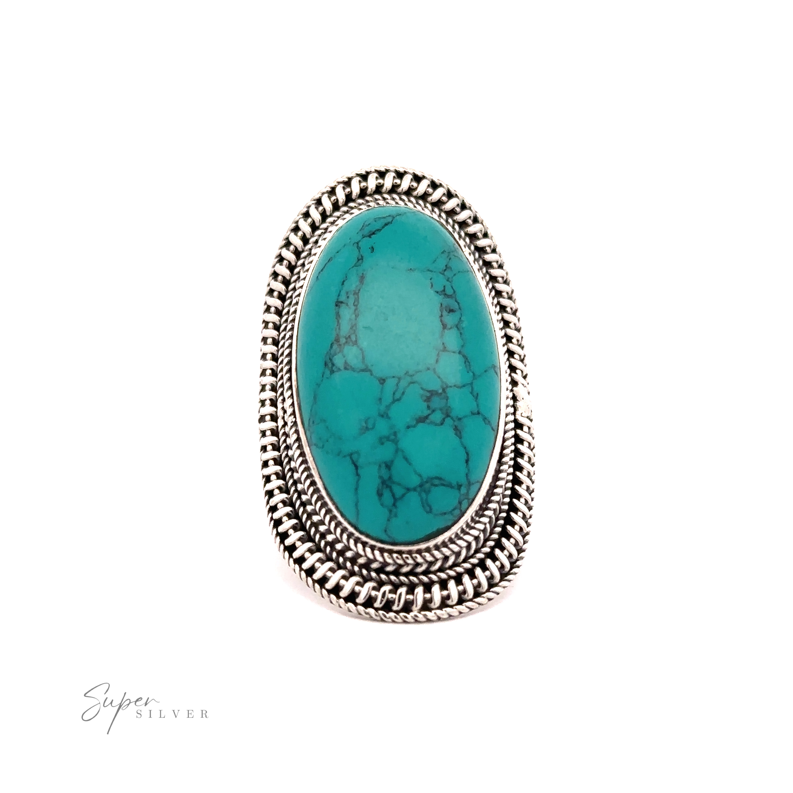 A Large Oval Shield Gemstone Ring set in an ornate silver shield ring with detailed braided accents exuding bohemian flair.