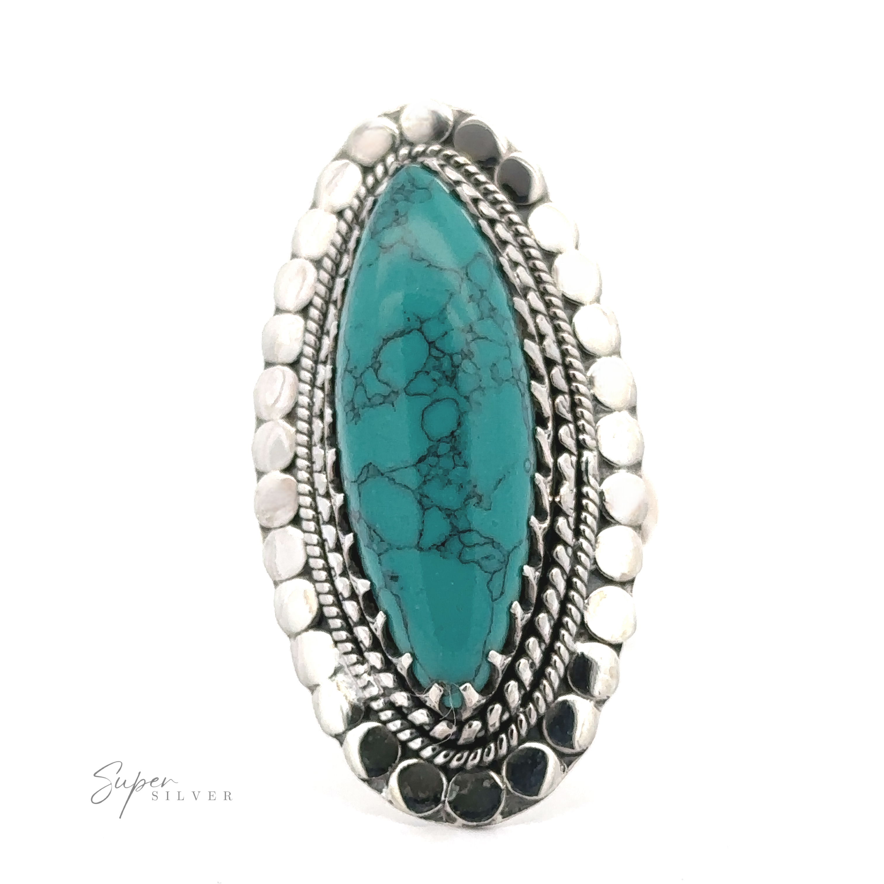 Statement Marquise Shaped Gemstone Ring with intricate silver detailing and a double row of beading around the stone. This piece of bohemian jewelry showcases surrounding metalwork featuring a series of scalloped edges.