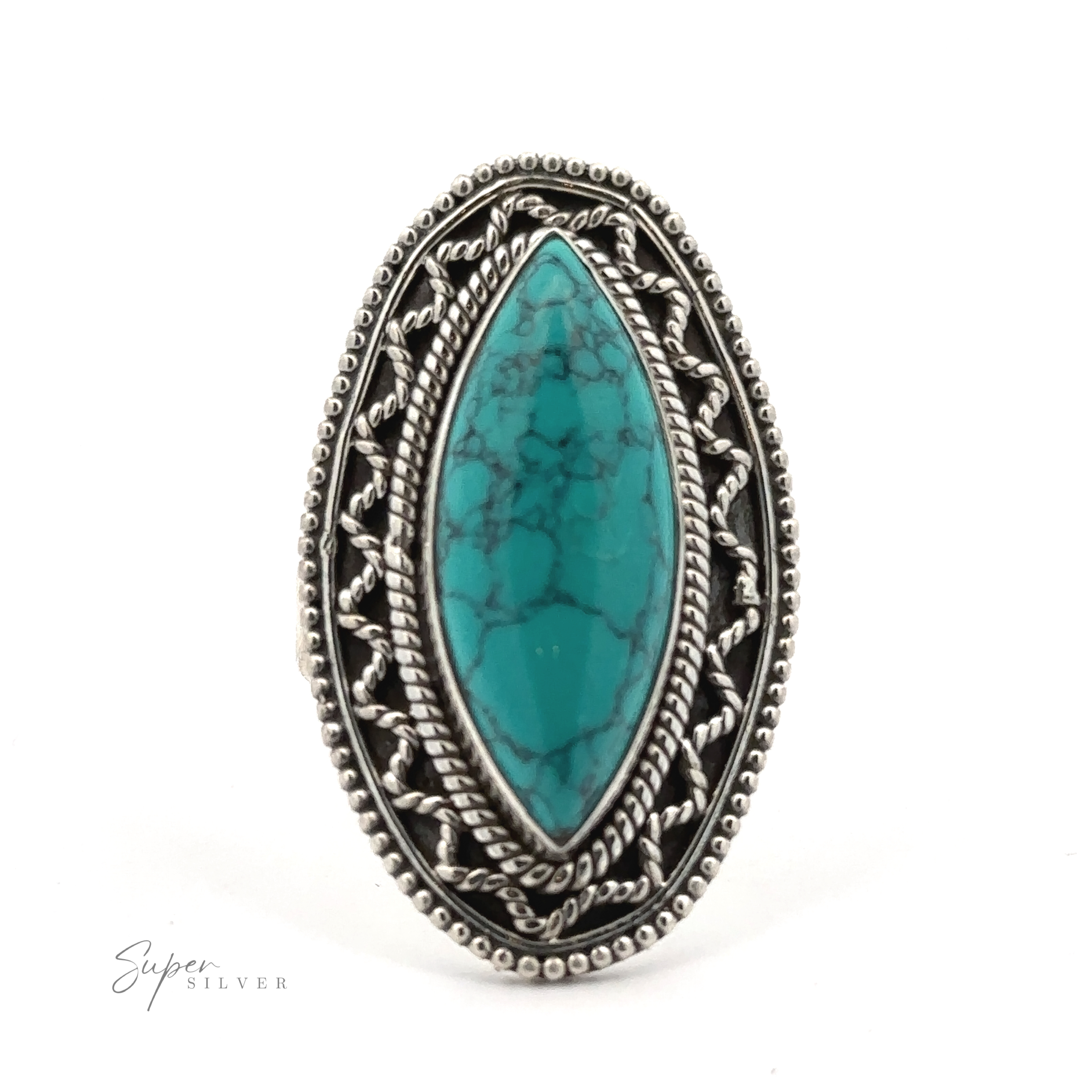 Marquise Shaped Gemstone Ring With Vintage Shield Border set in an intricately designed sterling silver metal frame, featuring a rope-like border and detailed patterns with a Bohemian twist.