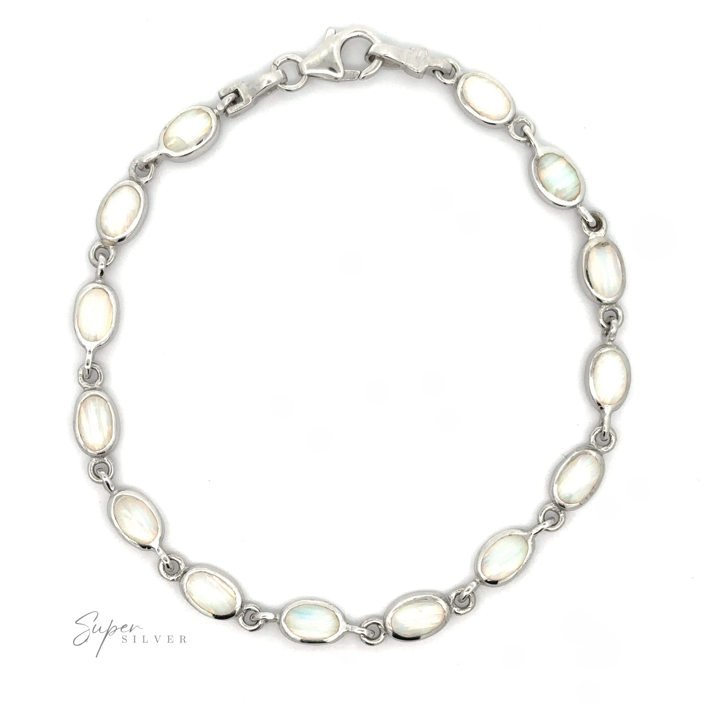 Simple Oval Link Opal Bracelet with oval-shaped lab-created opals inlays, connected by short links and a lobster clasp closure.