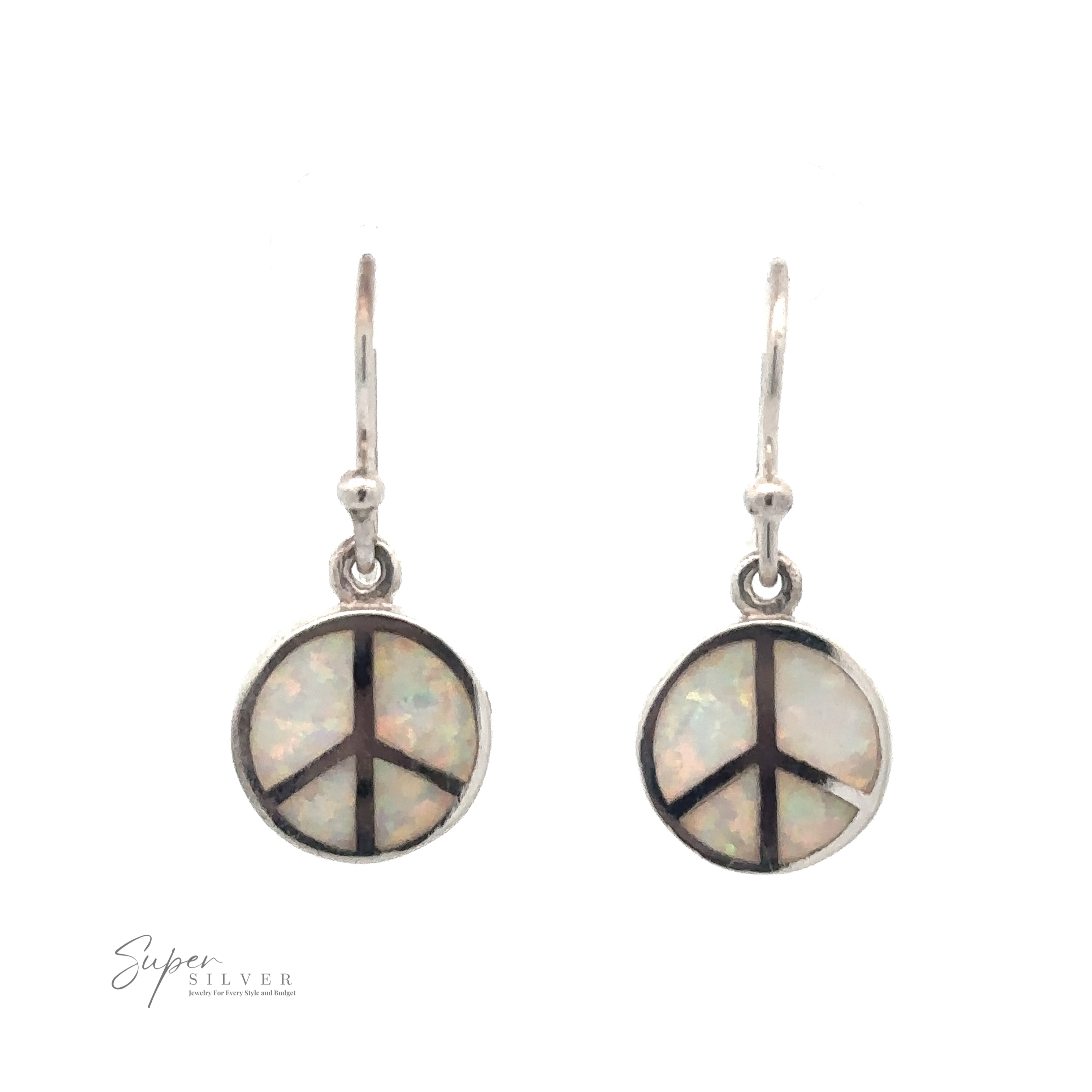 Two sterling silver drop earrings with peace symbol designs on iridescent round surfaces. The logo "Super Silver" is visible in the bottom left corner, adding a touch of sophistication to these exquisite White Created Opal Round Peace Sign Earrings.