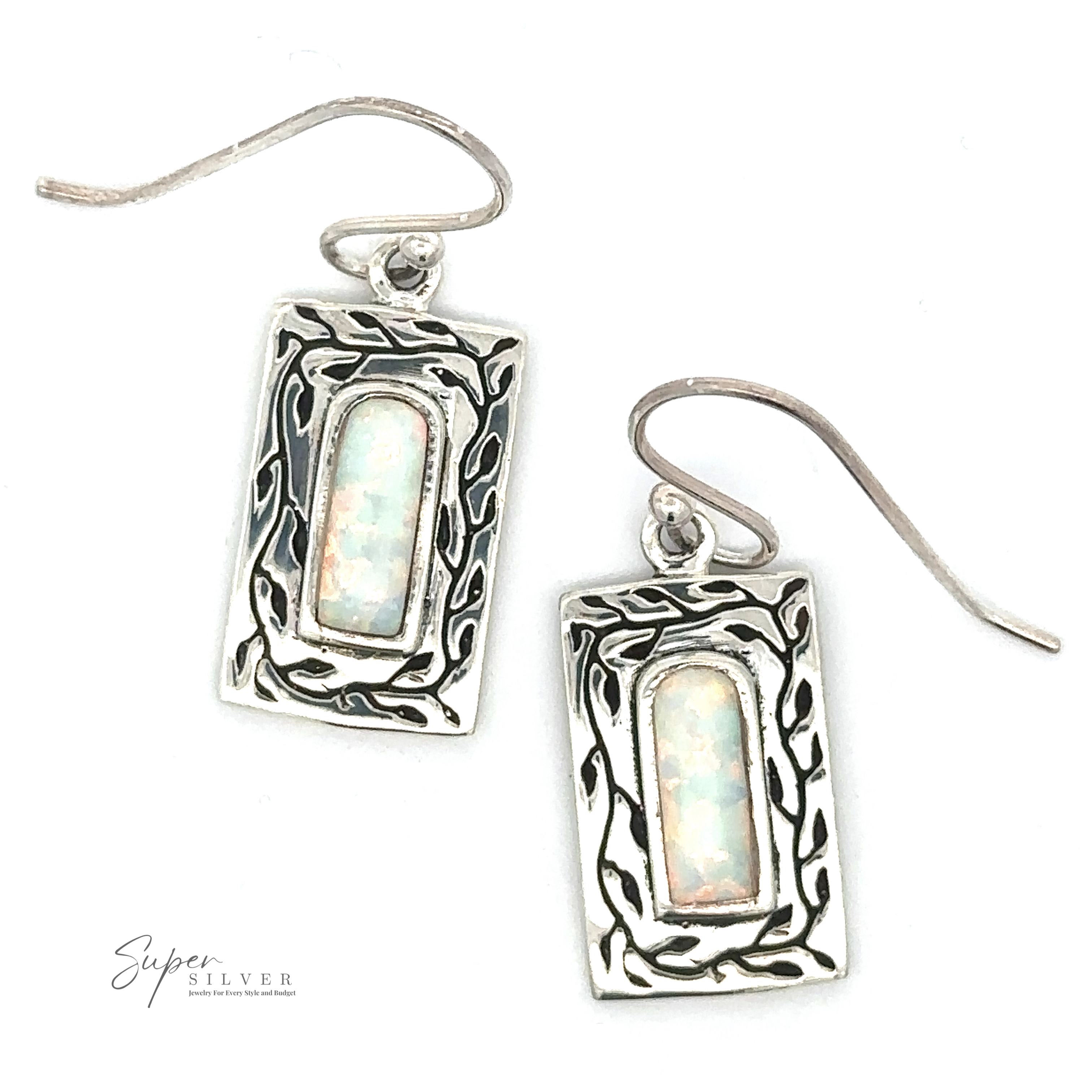 A pair of White Created Opal Square Earrings with intricate designs and iridescent lab-created opal stones, displayed on a white background. The Super Silver logo is visible in the bottom left corner.