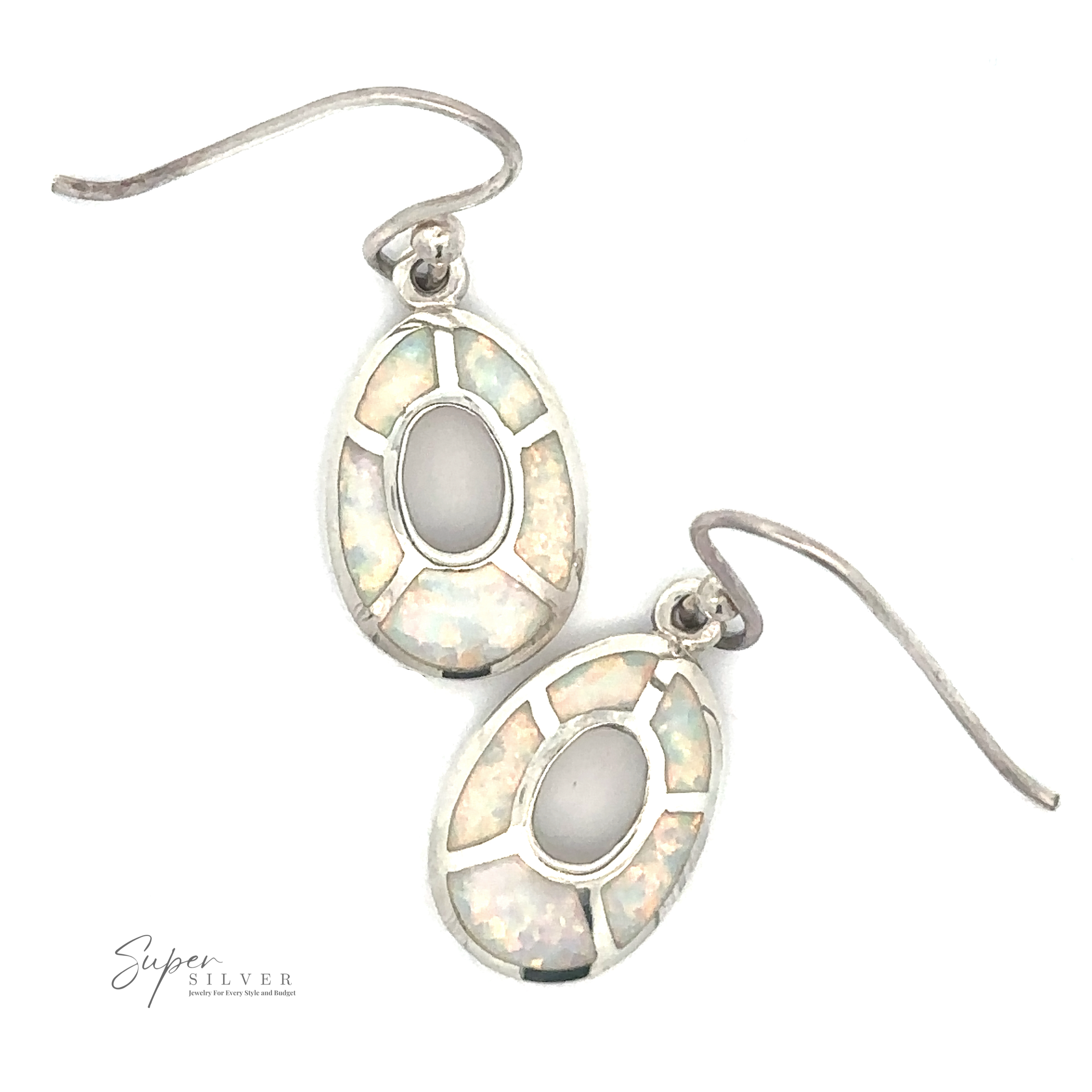 A pair of Small Drop Shape Dangle Earrings, sterling silver with a lab-created opal inlay design, featuring hooks for wearing. The tag "Super Silver" is visible in the corner.