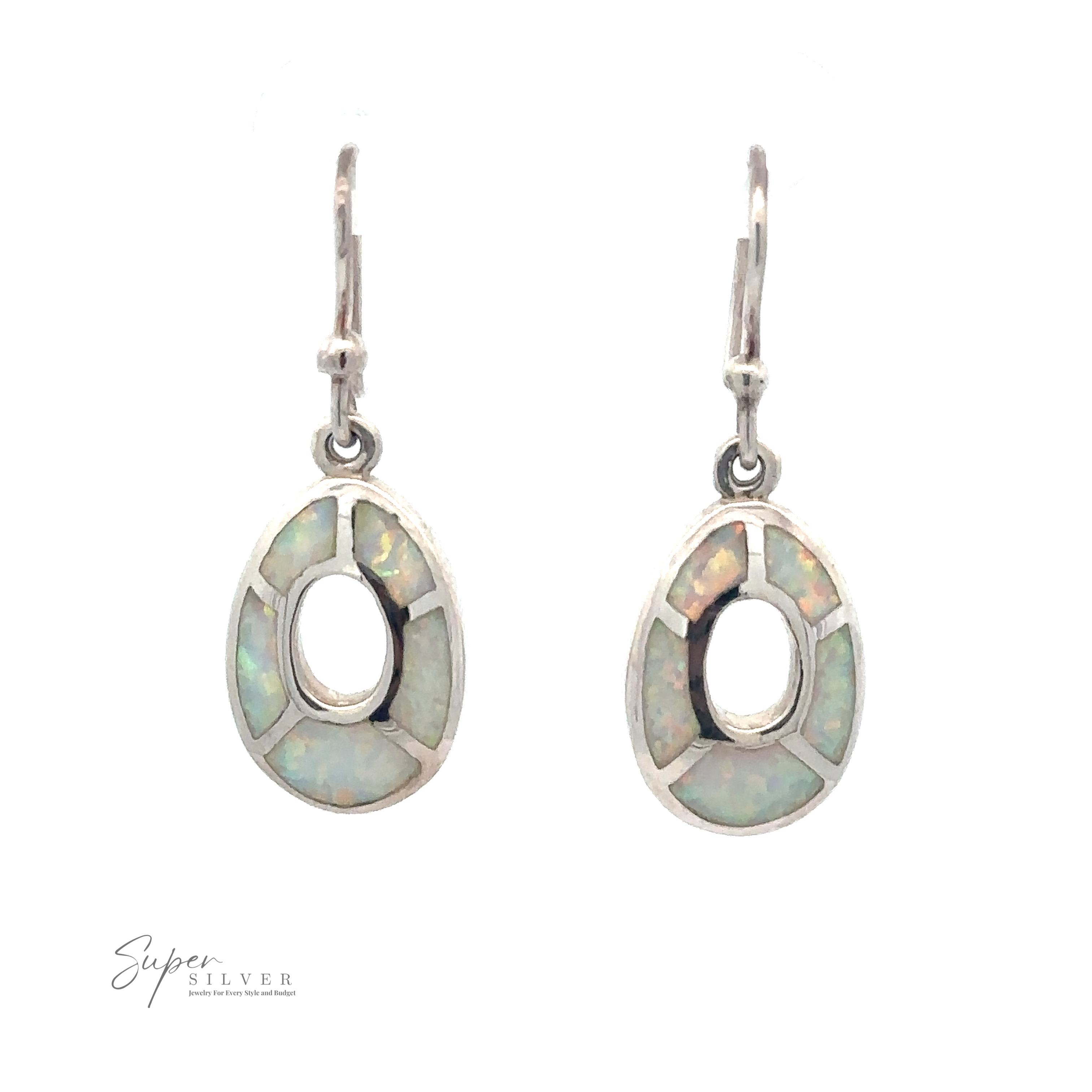 A pair of Small Drop Shape Dangle Earrings with lab-created opal stones and hook closures, displayed against a plain white background.