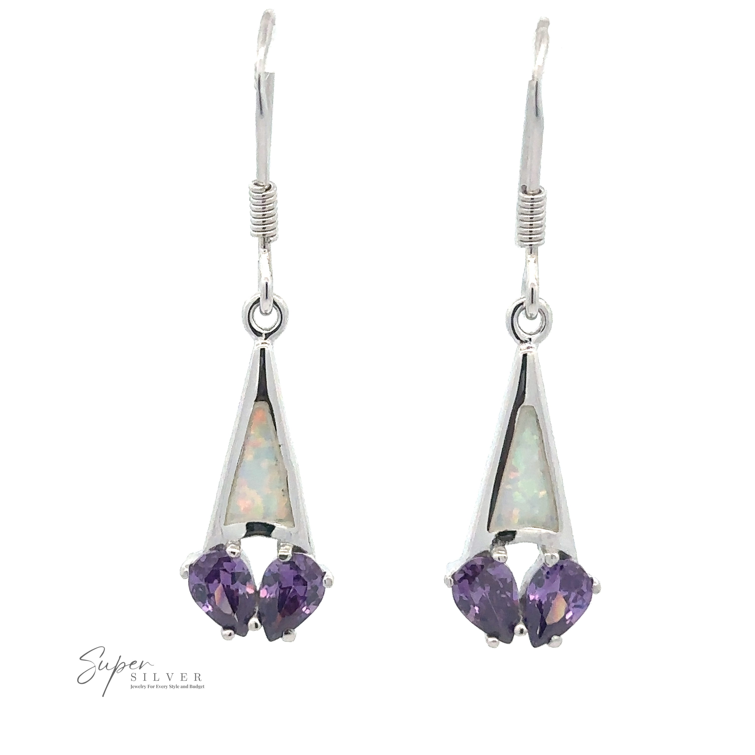 A pair of Created Opal Earrings with Purple Cubic Zirconia featuring a triangular created opal and two heart-shaped purple CZ stones dangling below. The brand name "Super Silver" is visible in the lower-left corner.