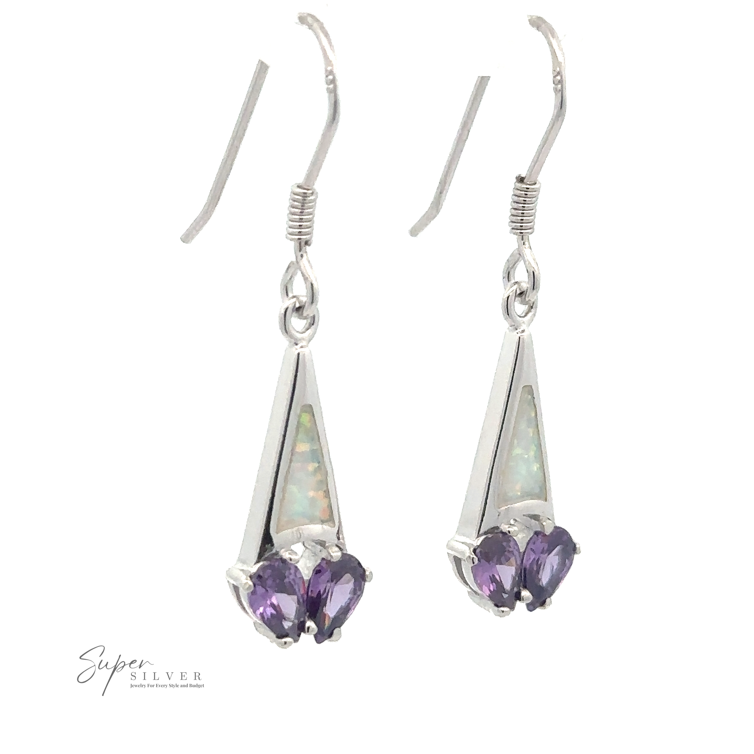 A pair of Created Opal Earrings with Purple Cubic Zirconia featuring triangular created opal stones and purple CZ teardrop gemstones. The earrings are elegantly displayed against a plain, white background with a "Super Silver" logo in the corner.