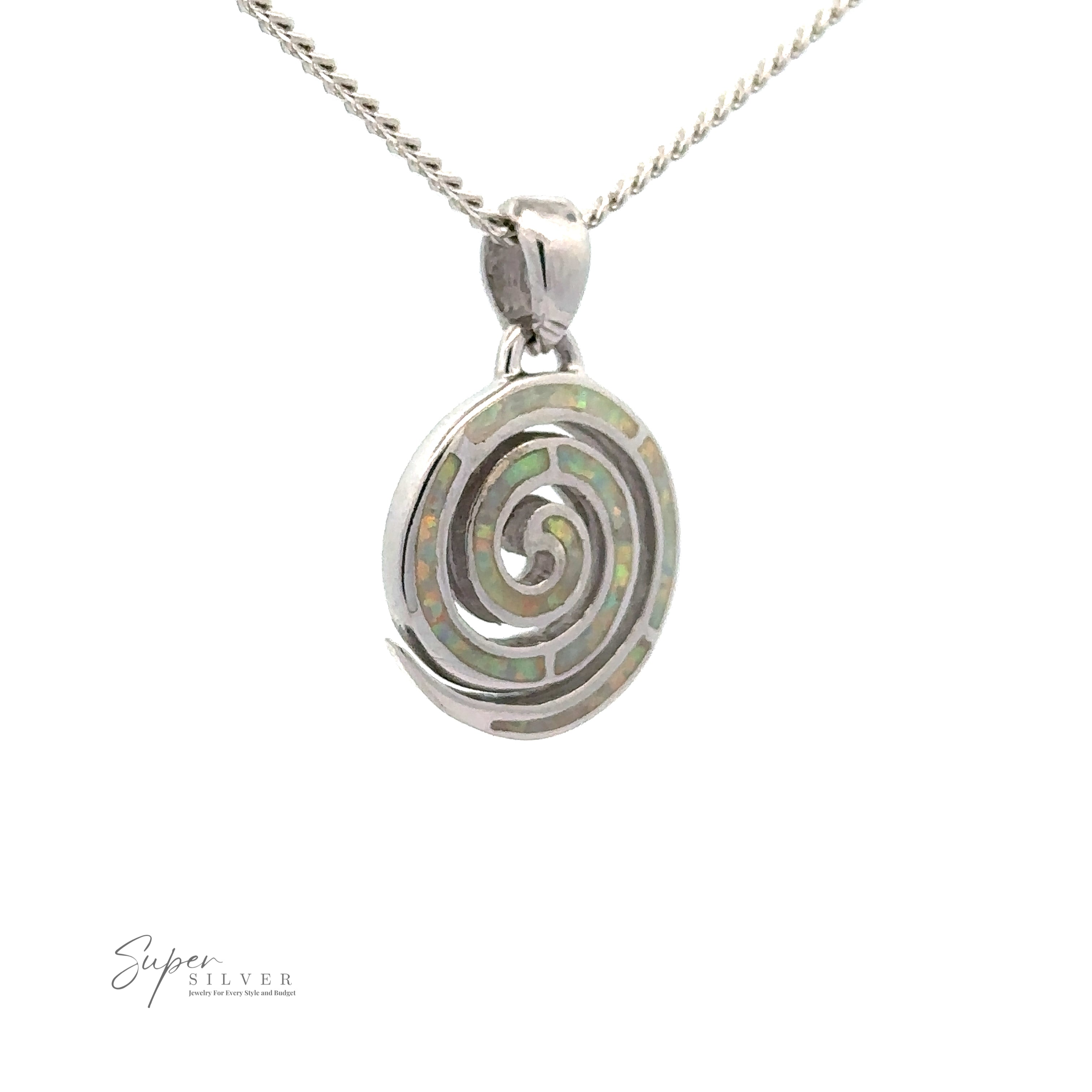 Opal Spiral Pendant with a spiral-shaped pendant featuring intricate inlay patterns and an opal stone centerpiece. The pendant, enhanced with a rhodium finish, hangs from a twisted chain. Logo text "Super Silver" is visible at the bottom left.