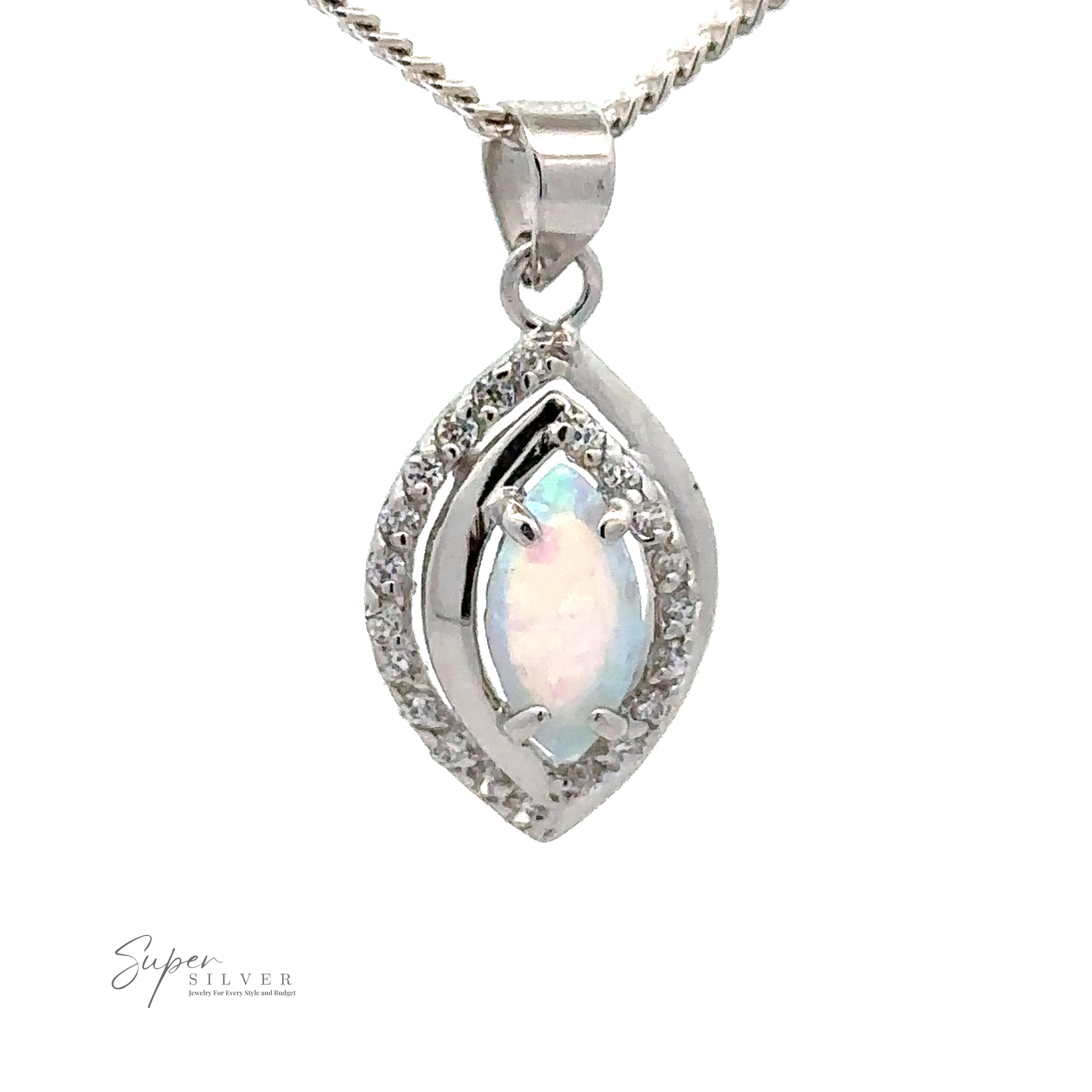 A silver necklace with Opal Pendants with Cubic Zirconia surrounded by small cubic zirconia stones. The pendant hangs from a silver chain. The words "Super Silver" are visible in the lower-left corner, adding to its Art Deco jewelry aesthetic.