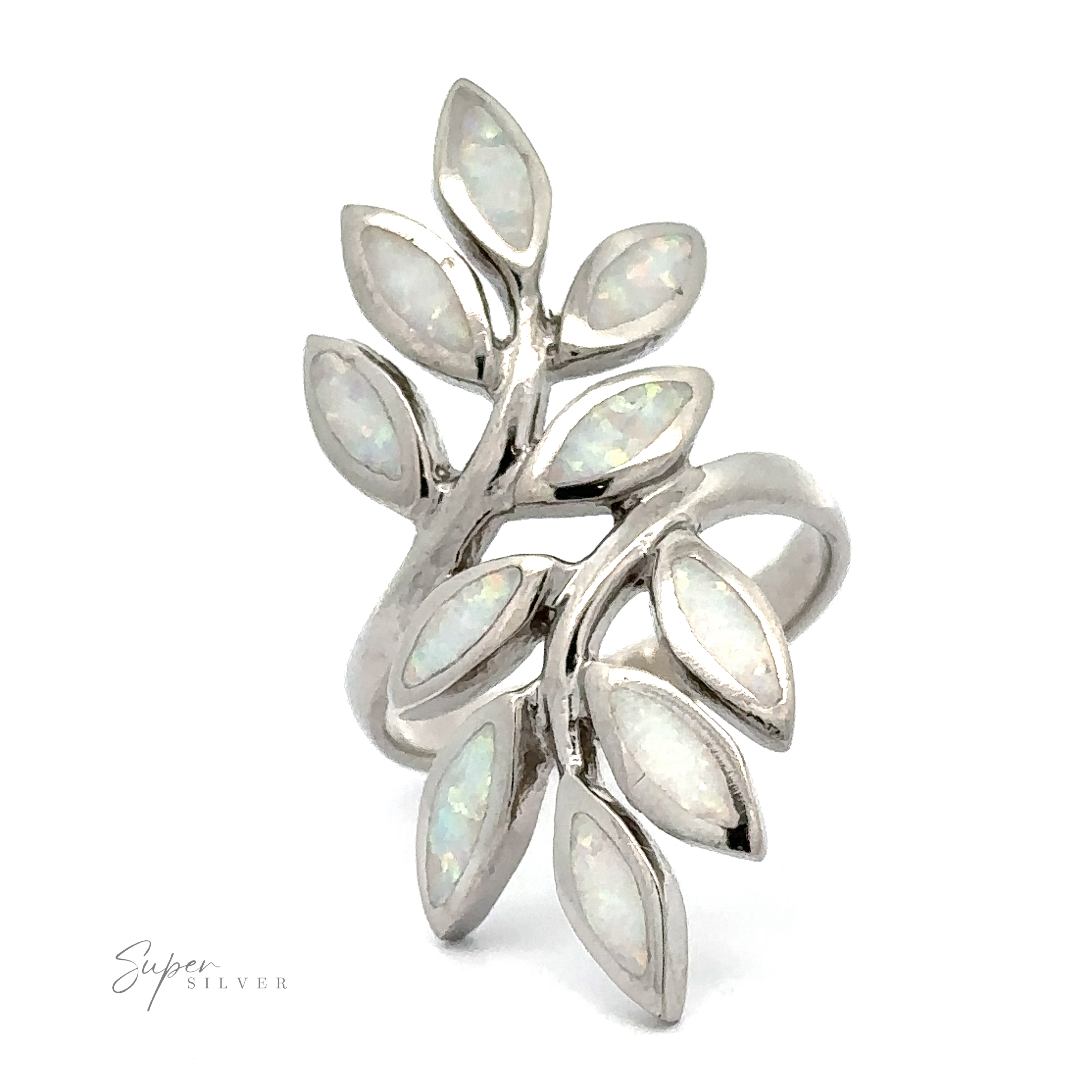 Long Lab-Created Opal Leaves Ring with leaf-like design and lab-created opal inlays on a white background, capturing nature's allure.
