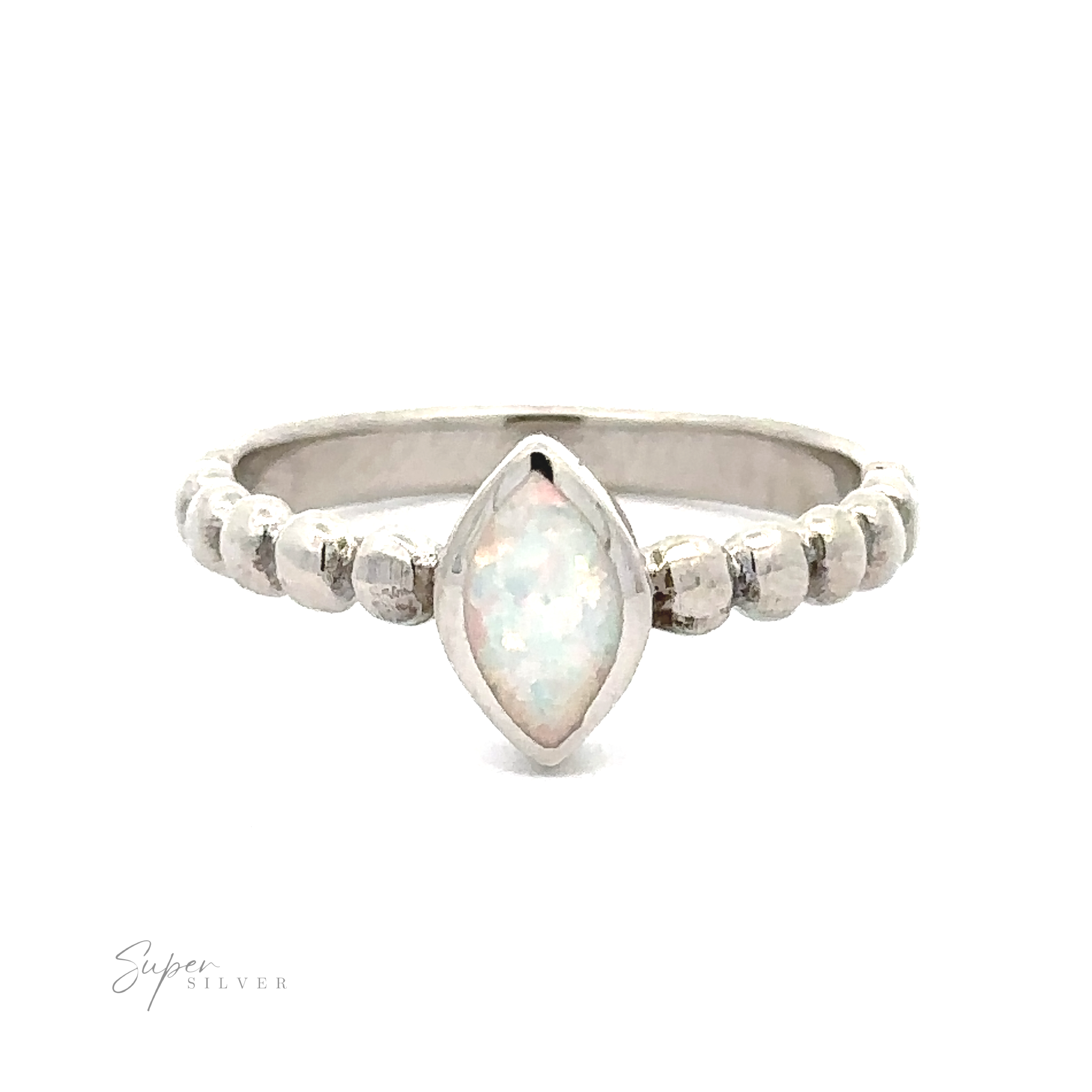 A silver Marquise Lab-Created Opal Ring with Beaded Design, isolated on a white background.