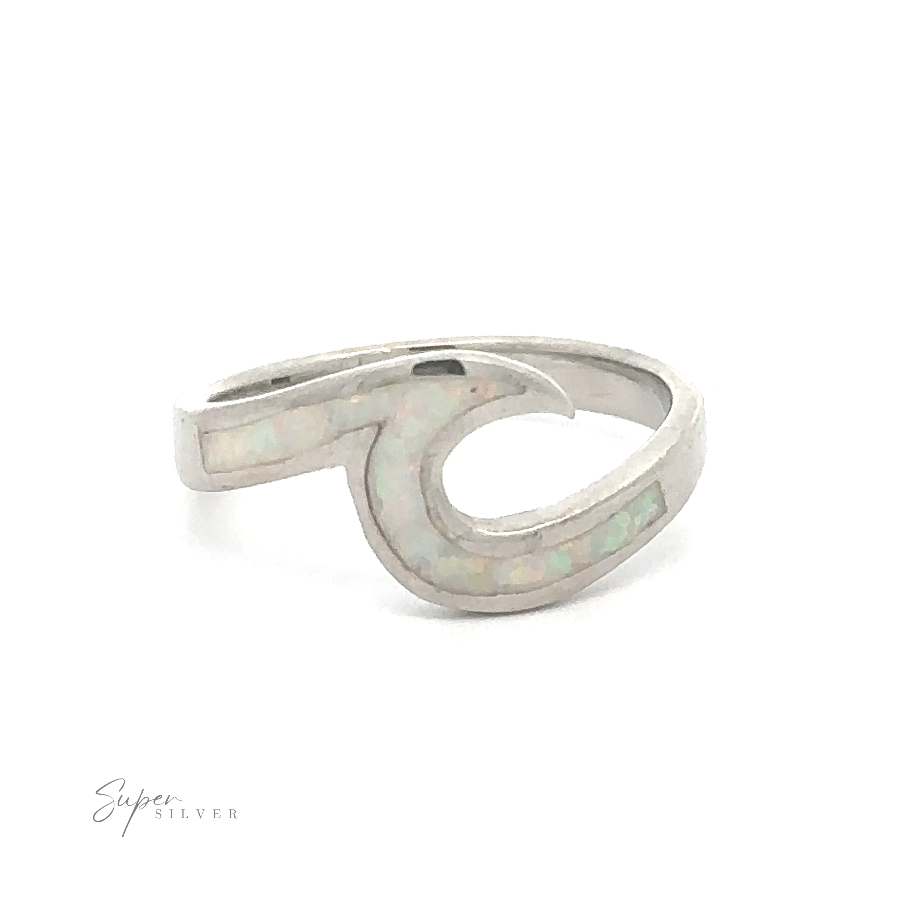 Wave Ring with Sparkling Inlaid Lab-Opal in a swirl design.