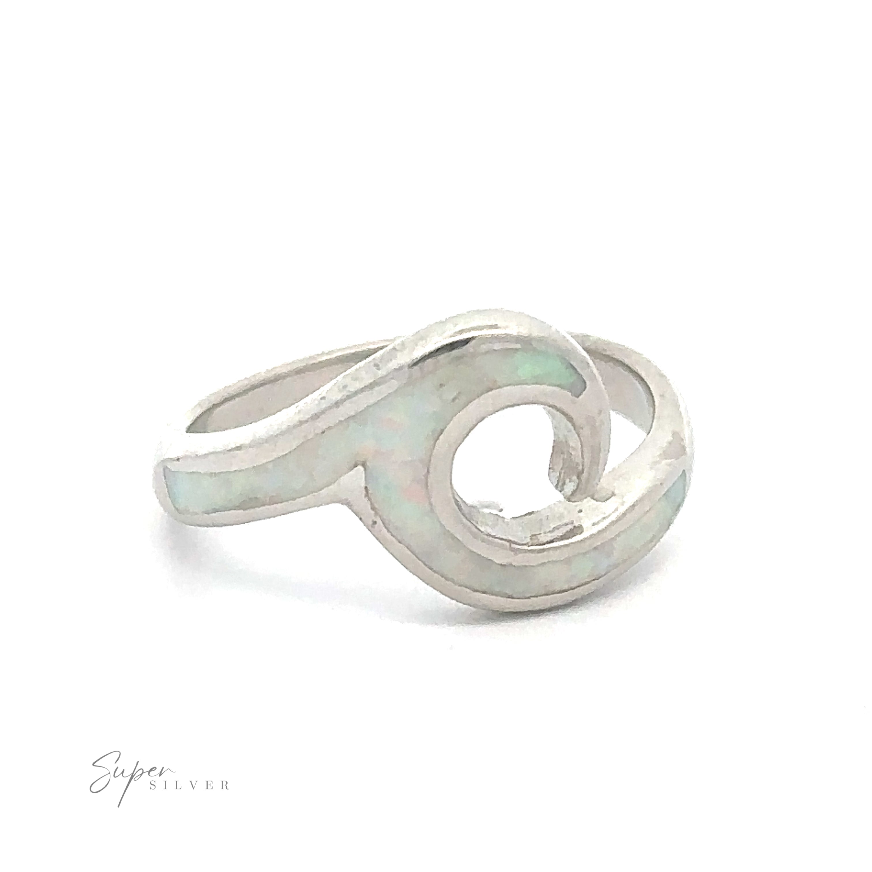 An opalescent Lab-Created Opal Wave Band ring with a unique intertwined wave band design against a white background.