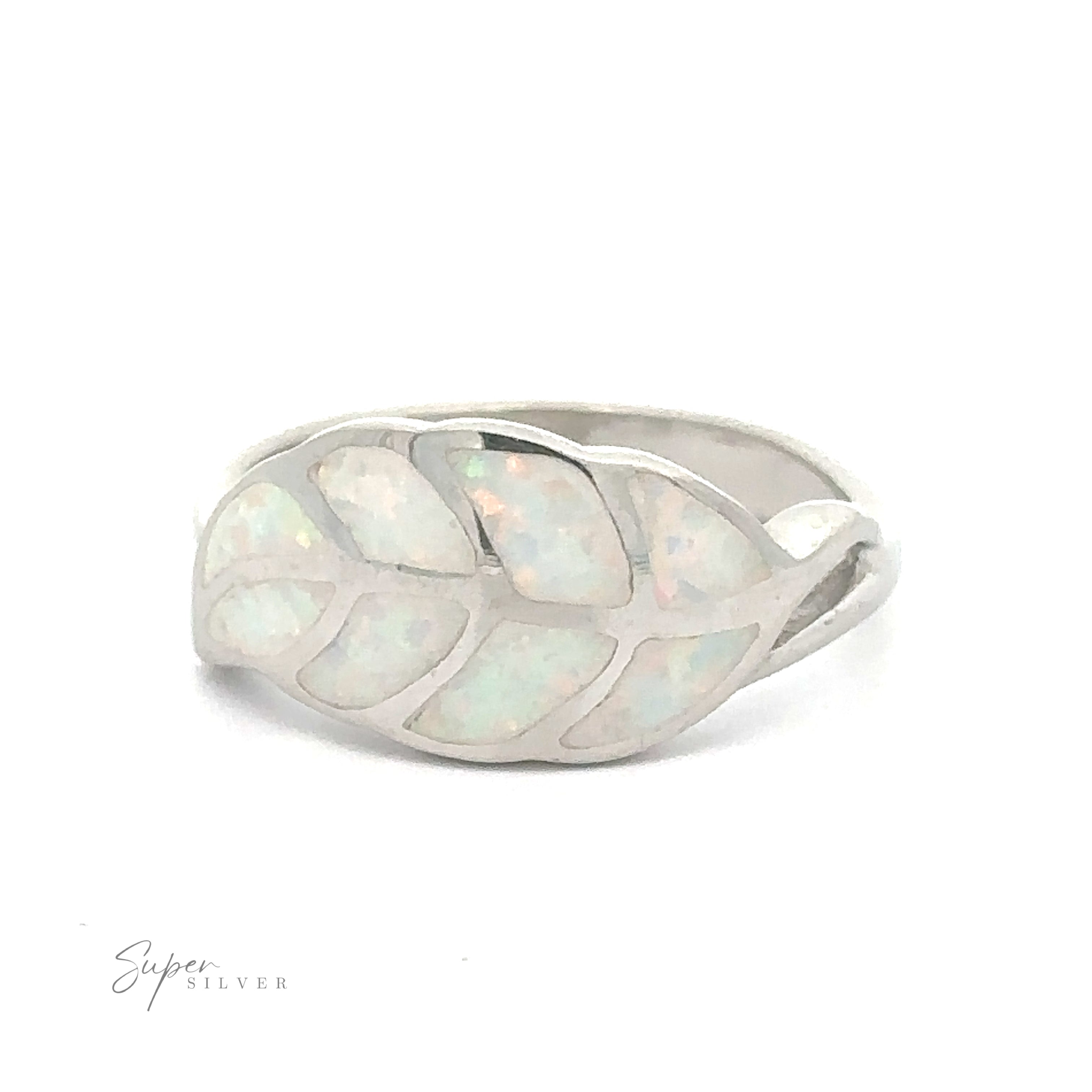 Lab Opal Feather Ring with an ethereal feather design.