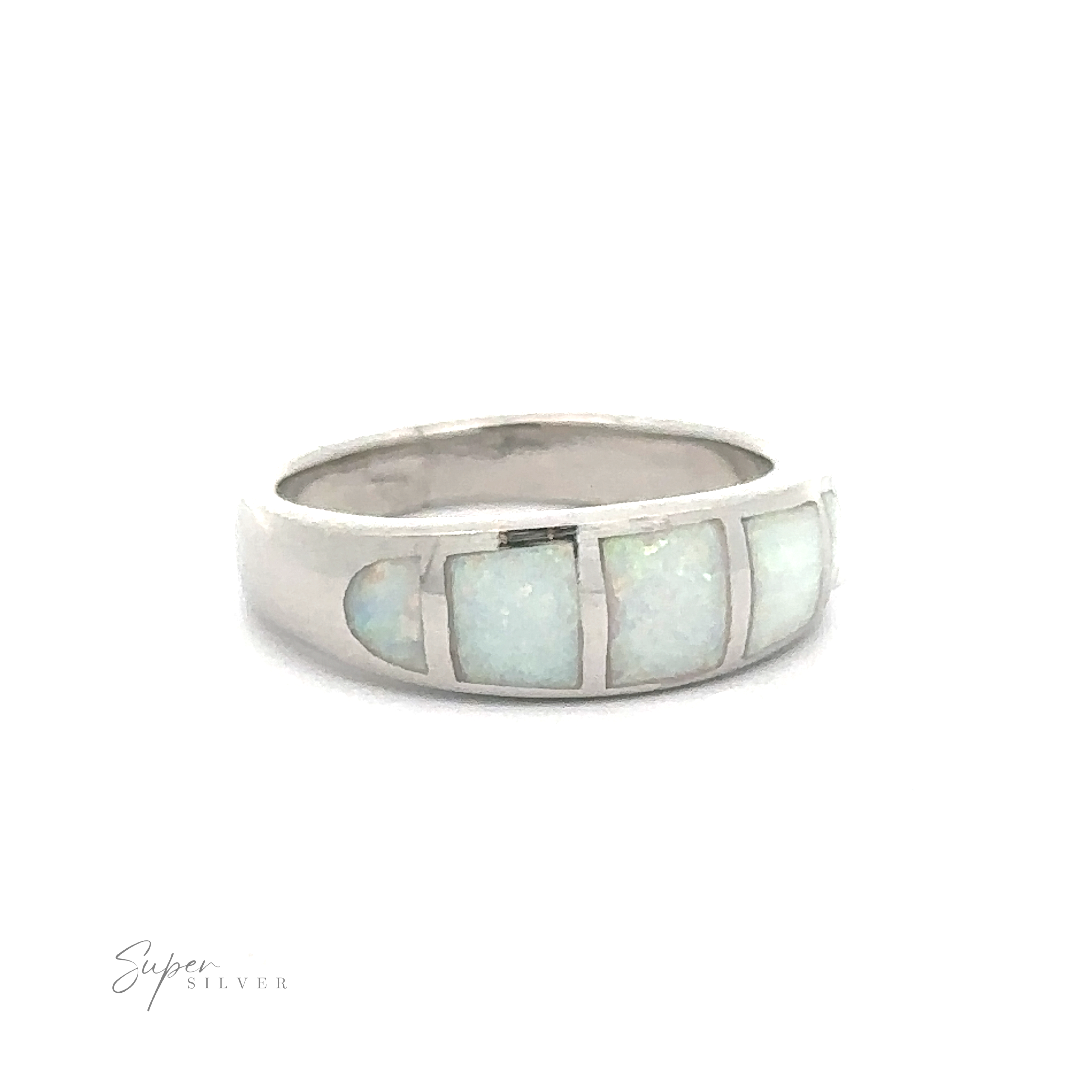 Tapered Lab-Opal Band with inlaid opal stones, designed to be versatile and lightweight.