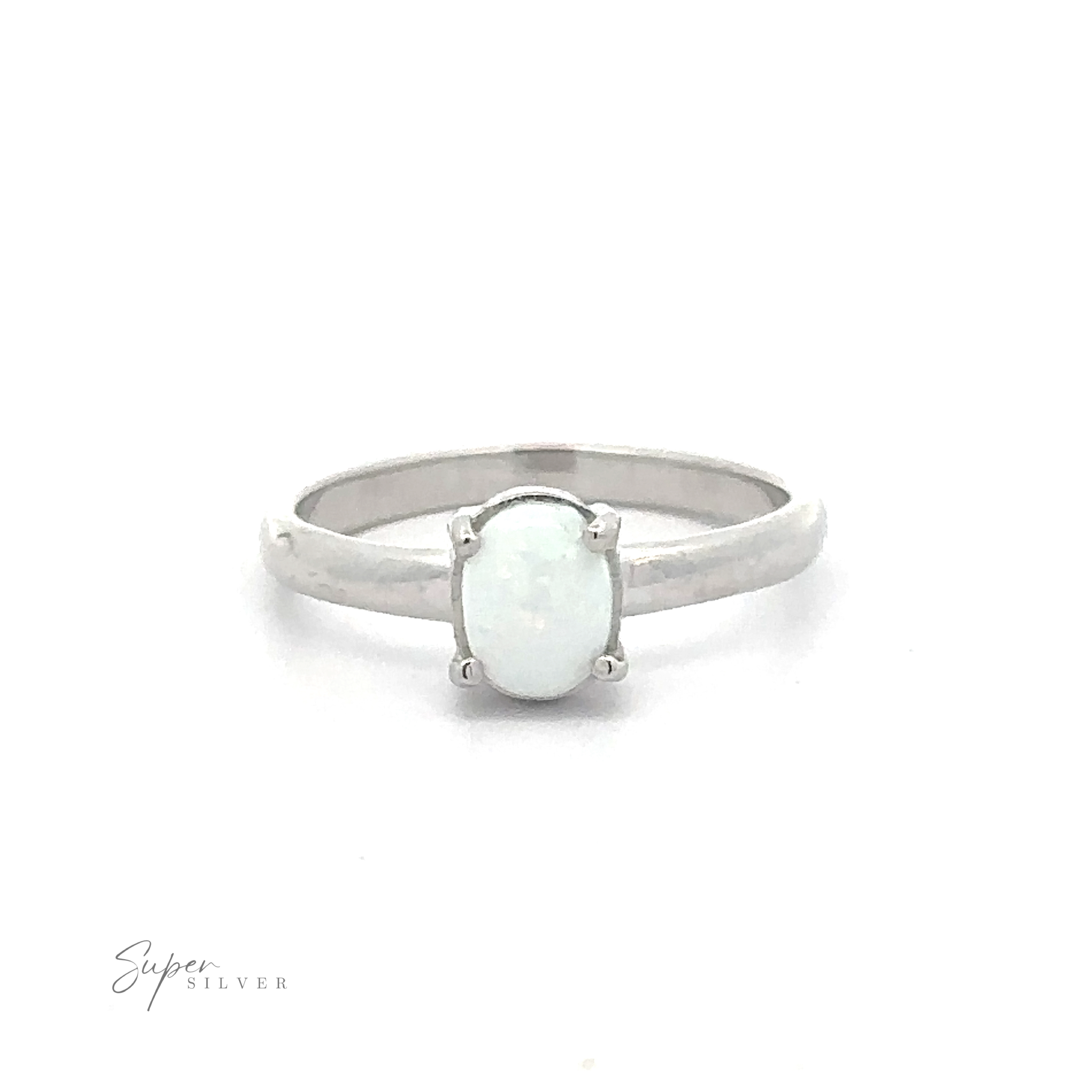 Simple Pronged Lab Opal Ring with an oval, lab-created opal set in a simple band.