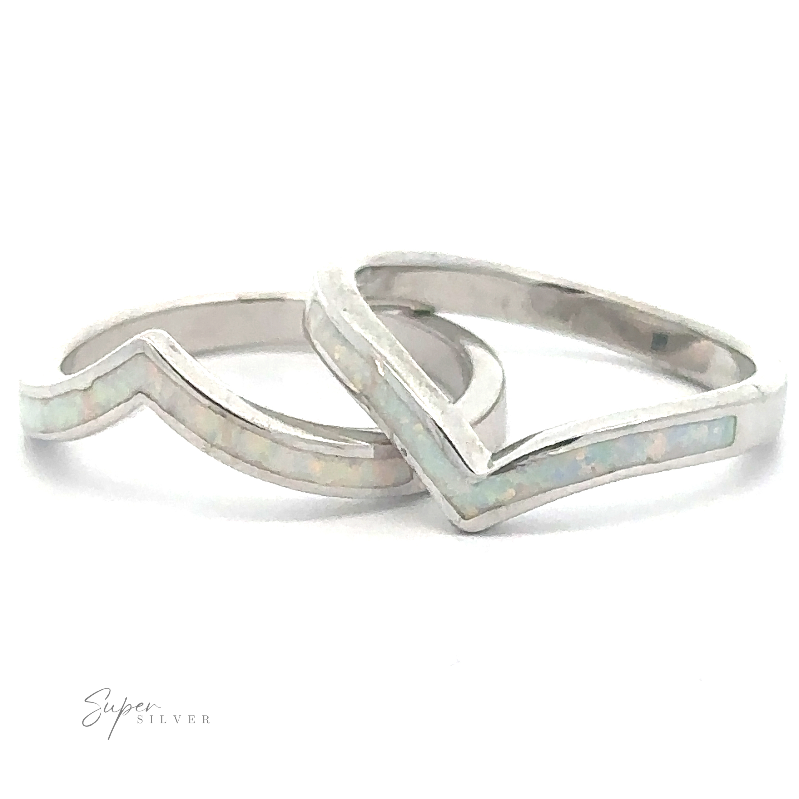 Pair of the Elegant Chevron Lab Opal Rings with a wave design and inlaid opal detailing, perfect for stacking.