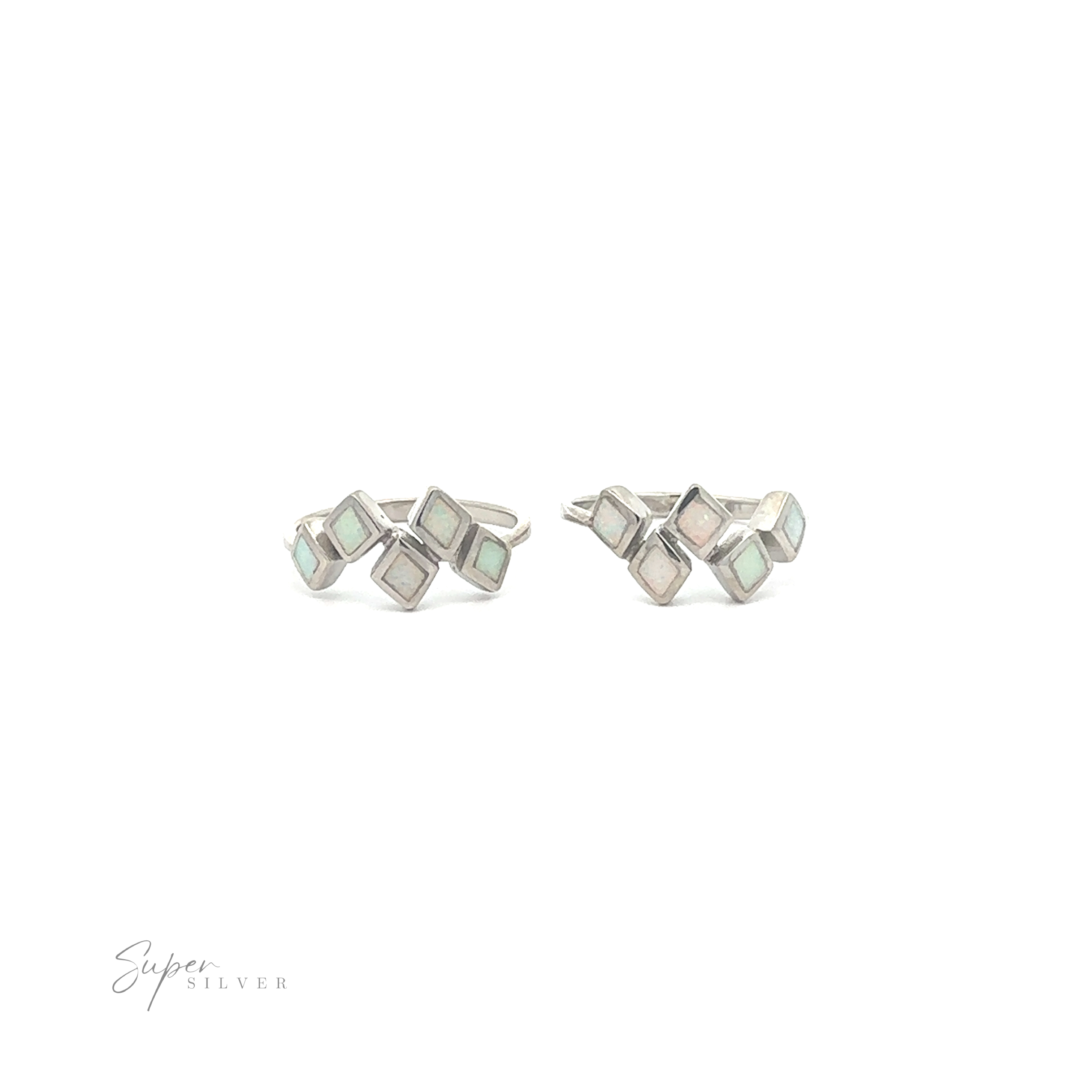 A pair of sterling silver geometric earrings with square-cut Diamond Pattern Lab-Created Opal Ring stones, displayed against a white background.
