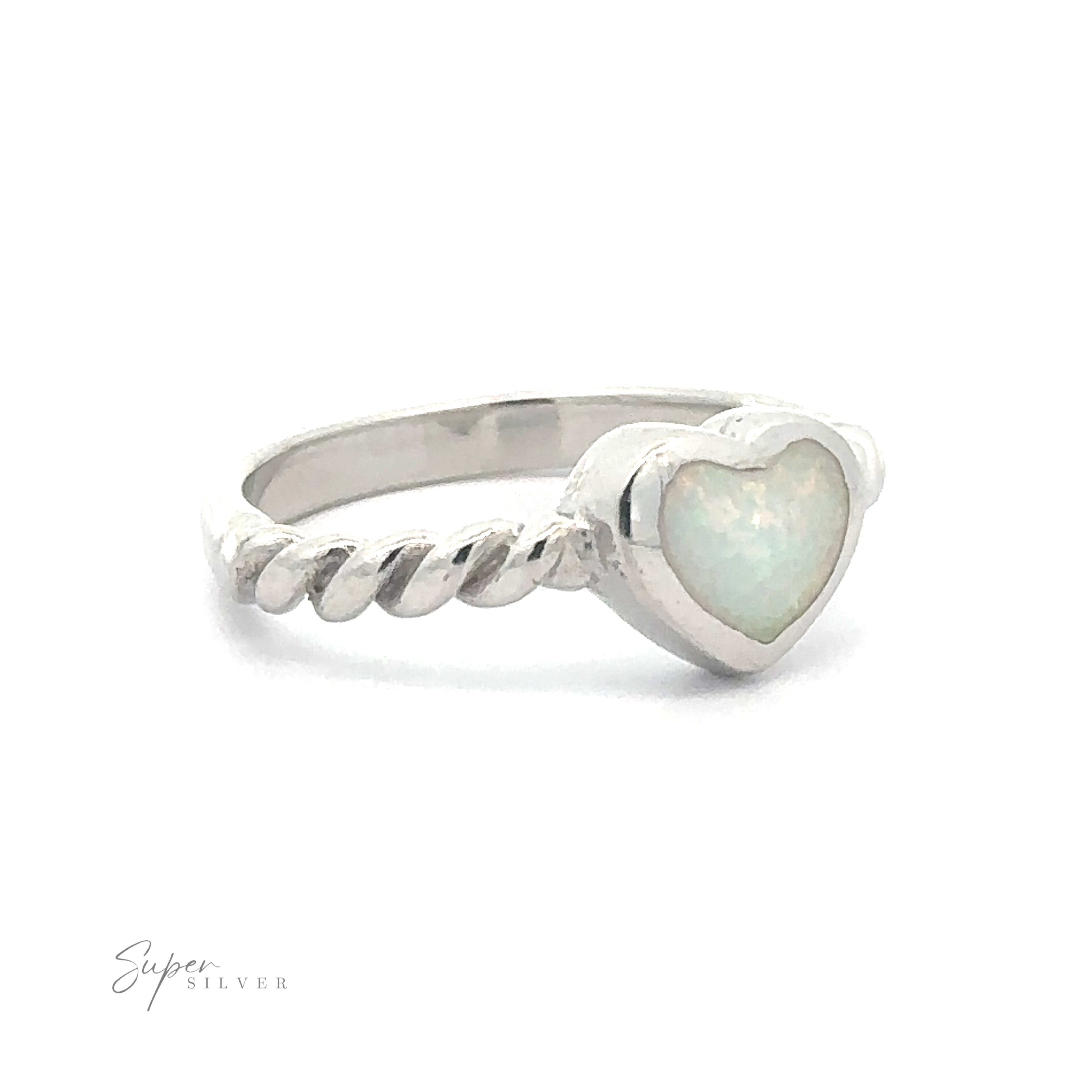A sterling silver Lab Opal Heart Ring with Twisted Band design, displayed against a white background.