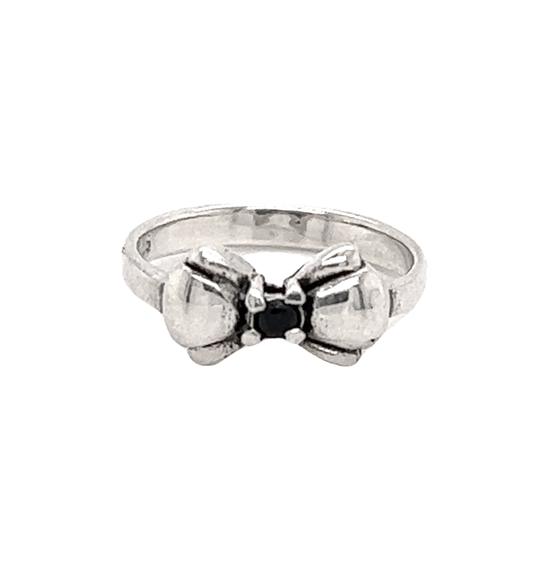 An Adorable Cubic Zirconia Bow Ring featuring a bow design with a small black cubic zirconia stone in the center.