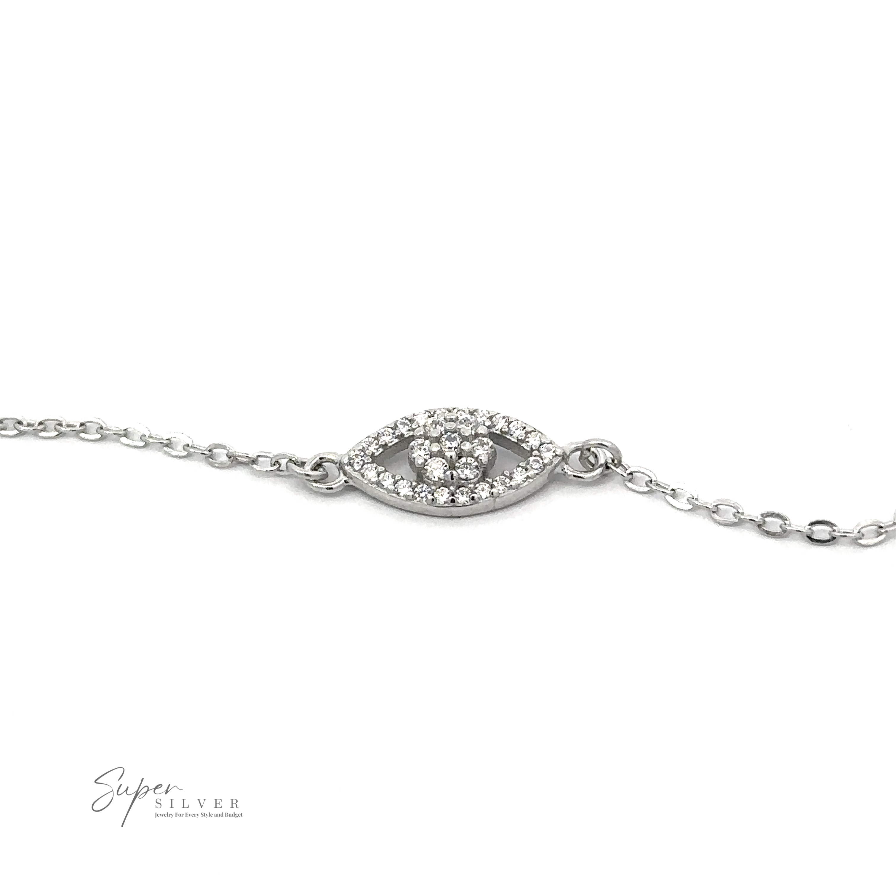 Dainty Cubic Zirconia Evil Eye Bracelet with an eye-shaped charm, embedded with small diamonds and crafted from Rhodium Plated .925 Sterling Silver, photographed against a white background. 'Super Silver' logo appears in the bottom-left corner.