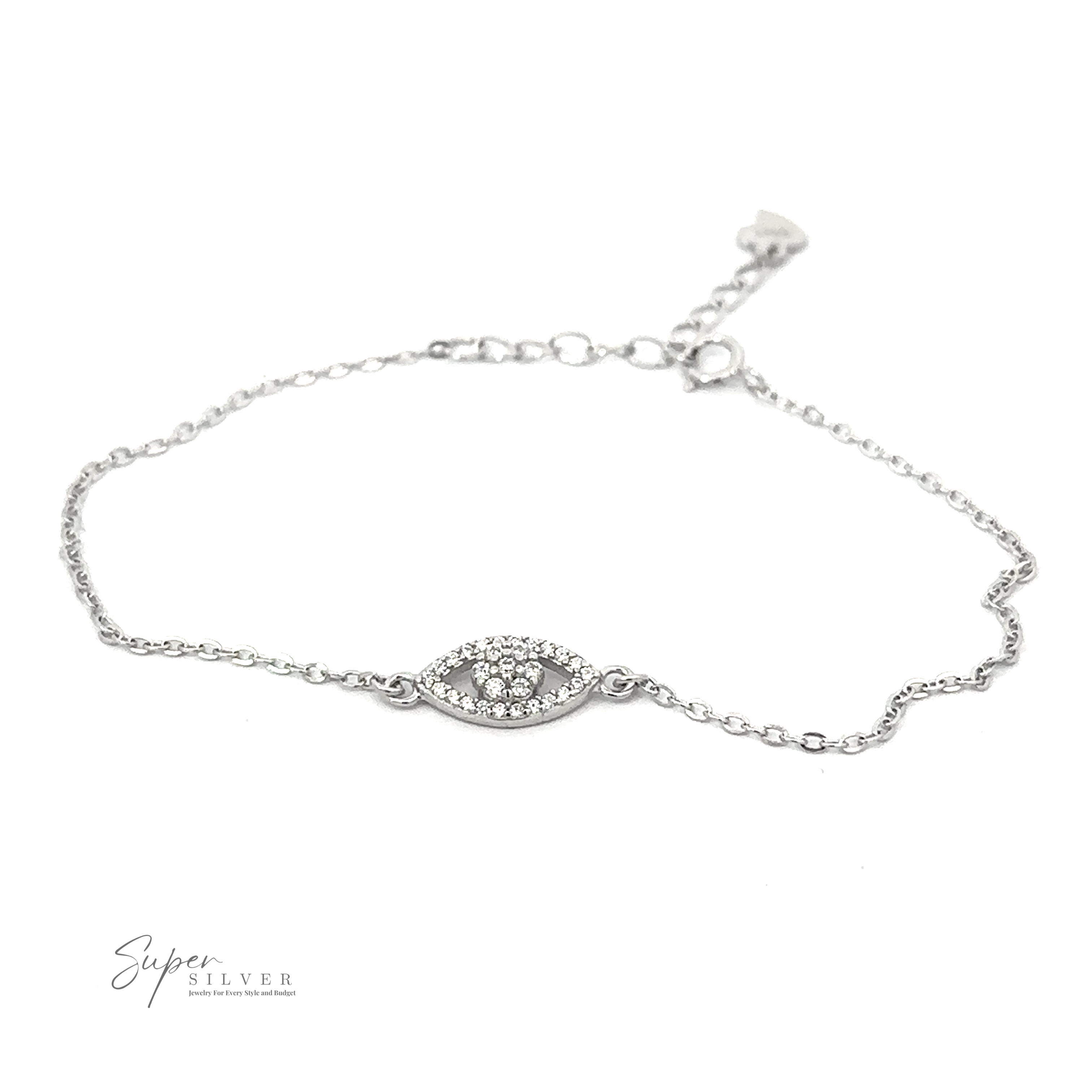 Dainty Cubic Zirconia Evil Eye Bracelet with a central oval-shaped charm adorned with small clear cubic zirconia crystals. The bracelet features a delicate chain and an adjustable clasp. The "Super Silver" logo is visible in the lower left corner.