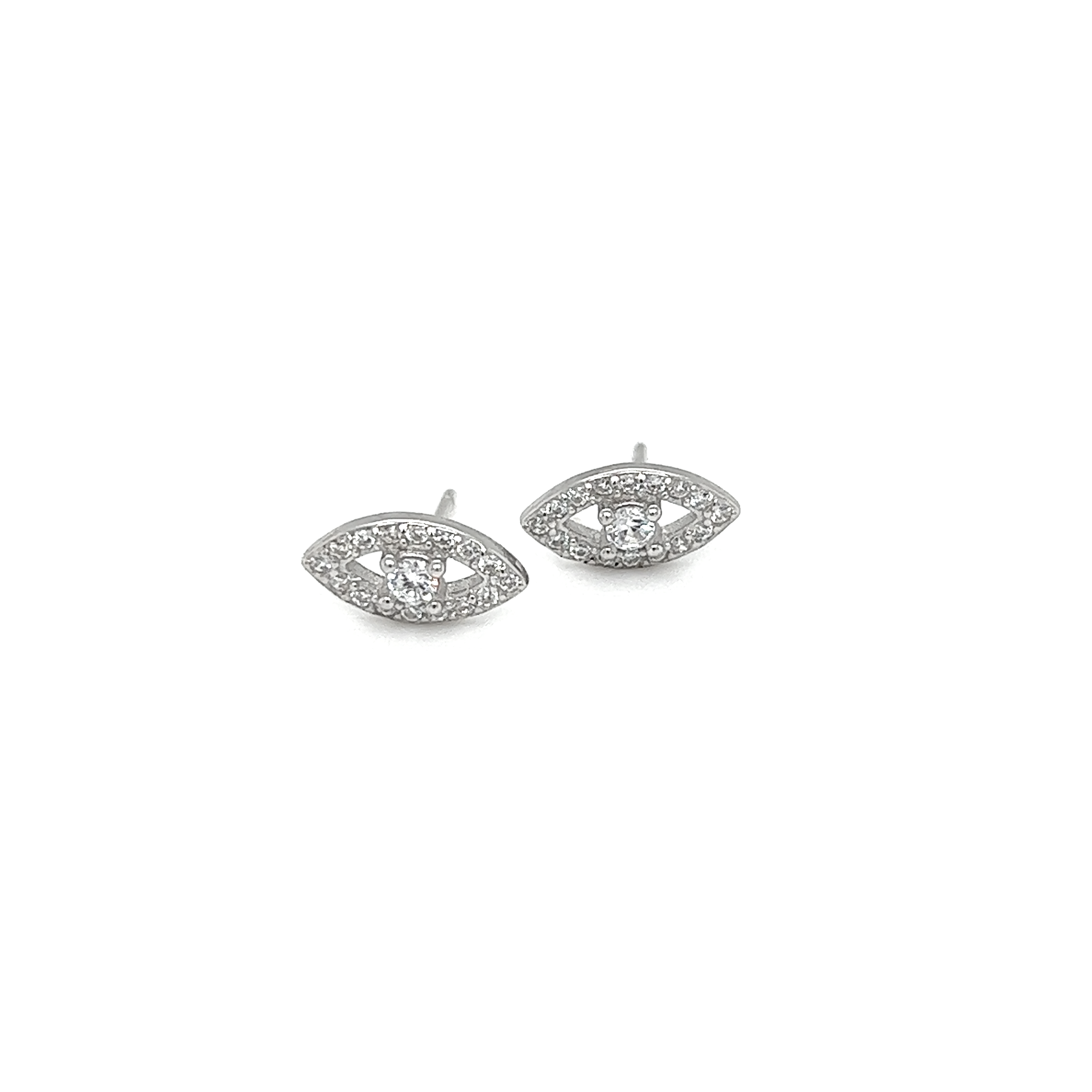 A pair of Super Silver CZ Eye Studs featuring symbolism on a white background.