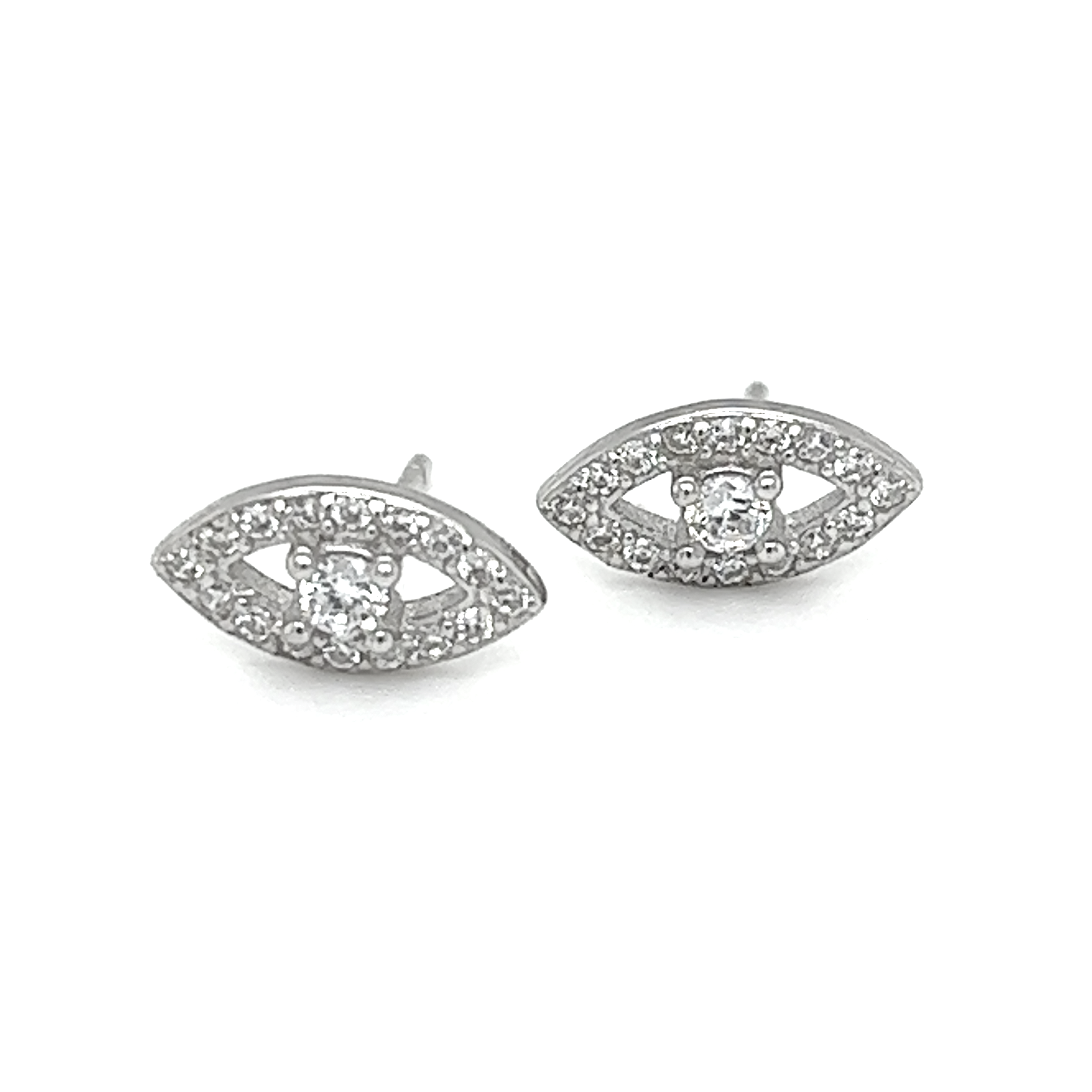 A pair of Super Silver CZ Eye Studs, adorned with cubic zirconia for added symbolism.