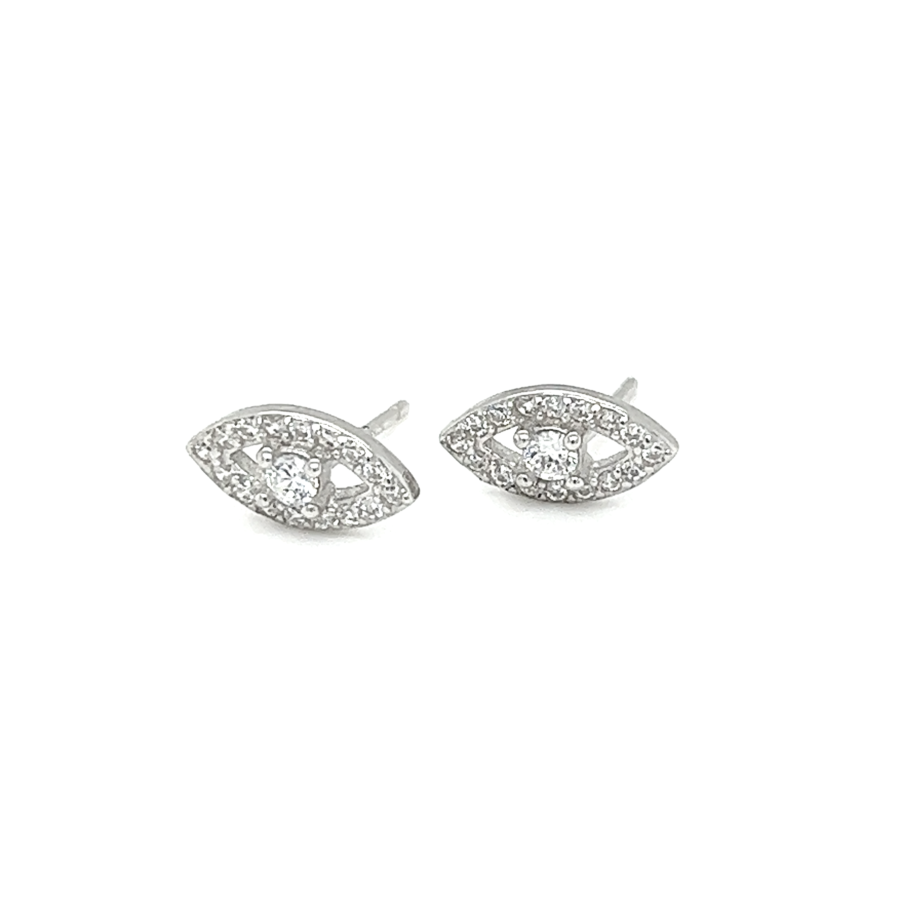 A pair of Super Silver white gold CZ Eye Studs adorned with cubic zirconia for added symbolism.