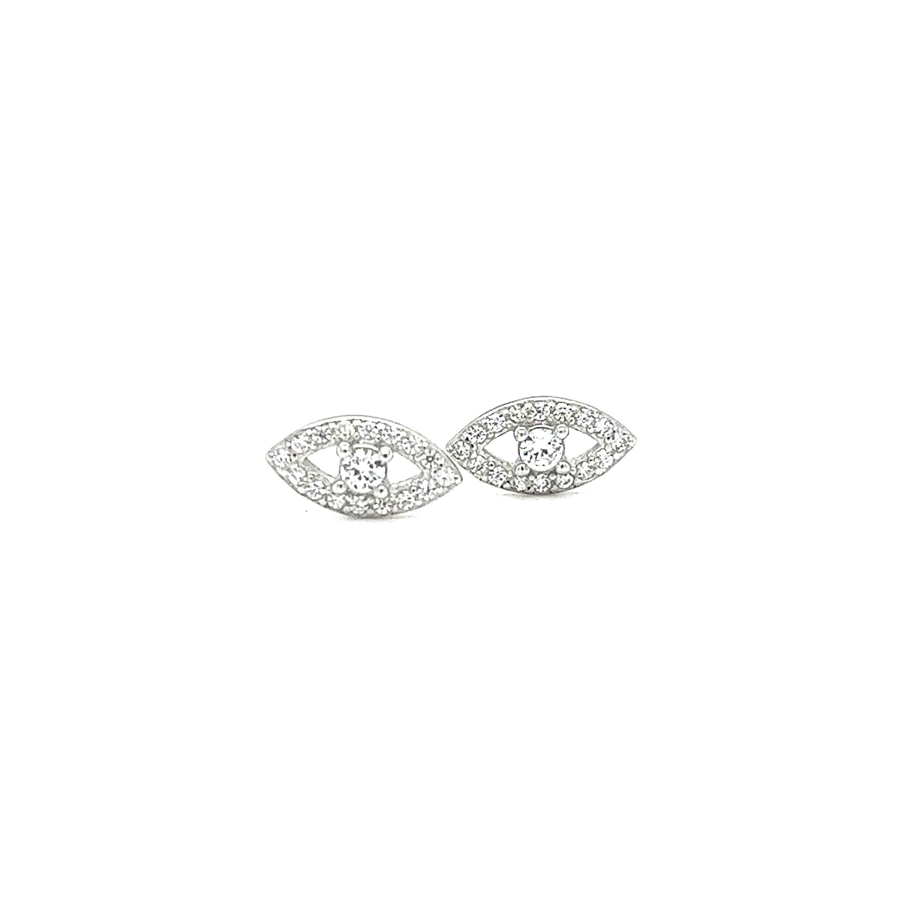 A pair of Super Silver CZ Eye Studs, symbolizing protection, on a white background.