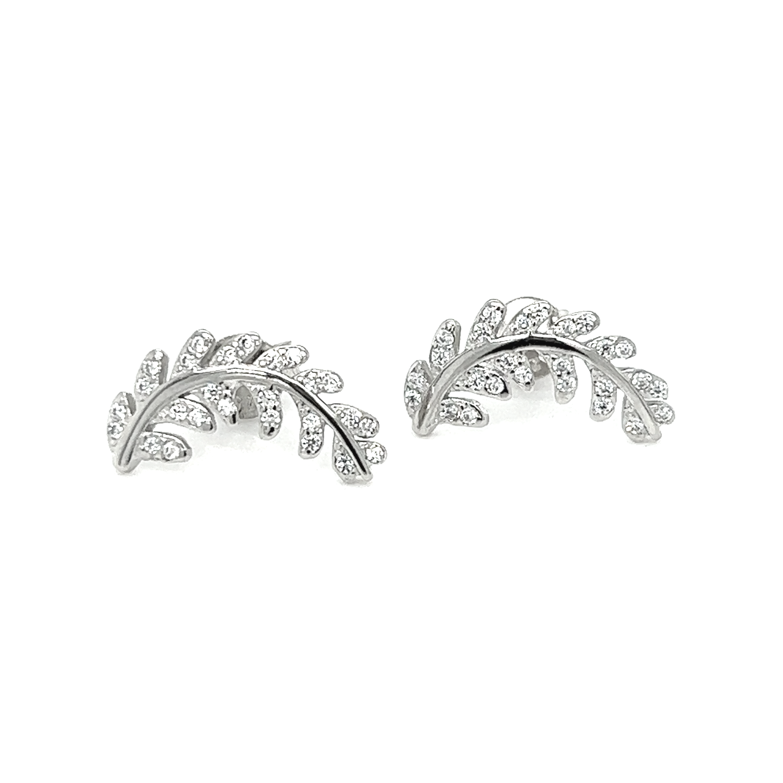 A pair of Super Silver Curved Fern Leaf Cubic Zirconia Studs with a fern-inspired pattern and curved shape.
