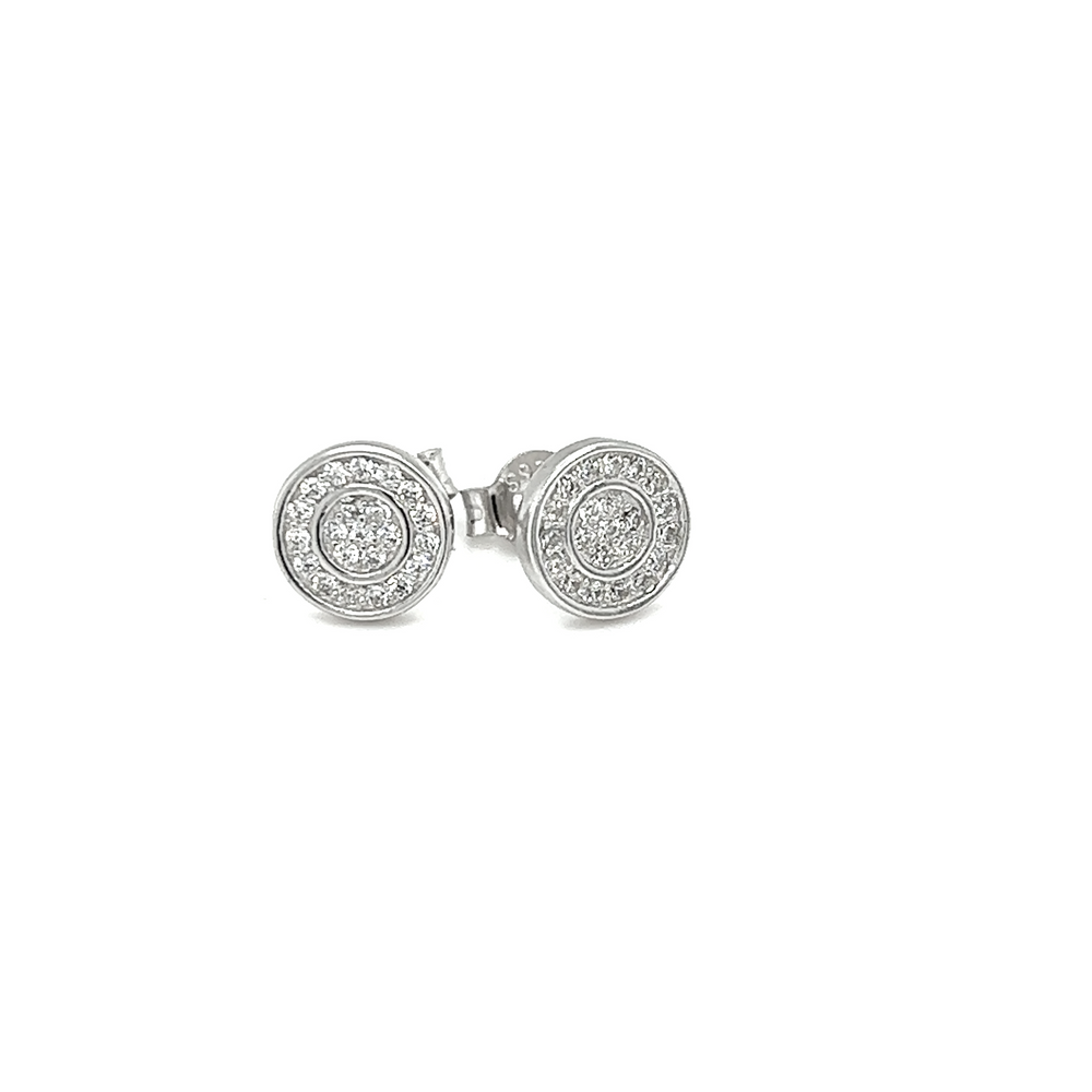 
                  
                    Fine jewelry featuring a pair of Super Silver Double Circle CZ Studs adorned with diamonds.
                  
                